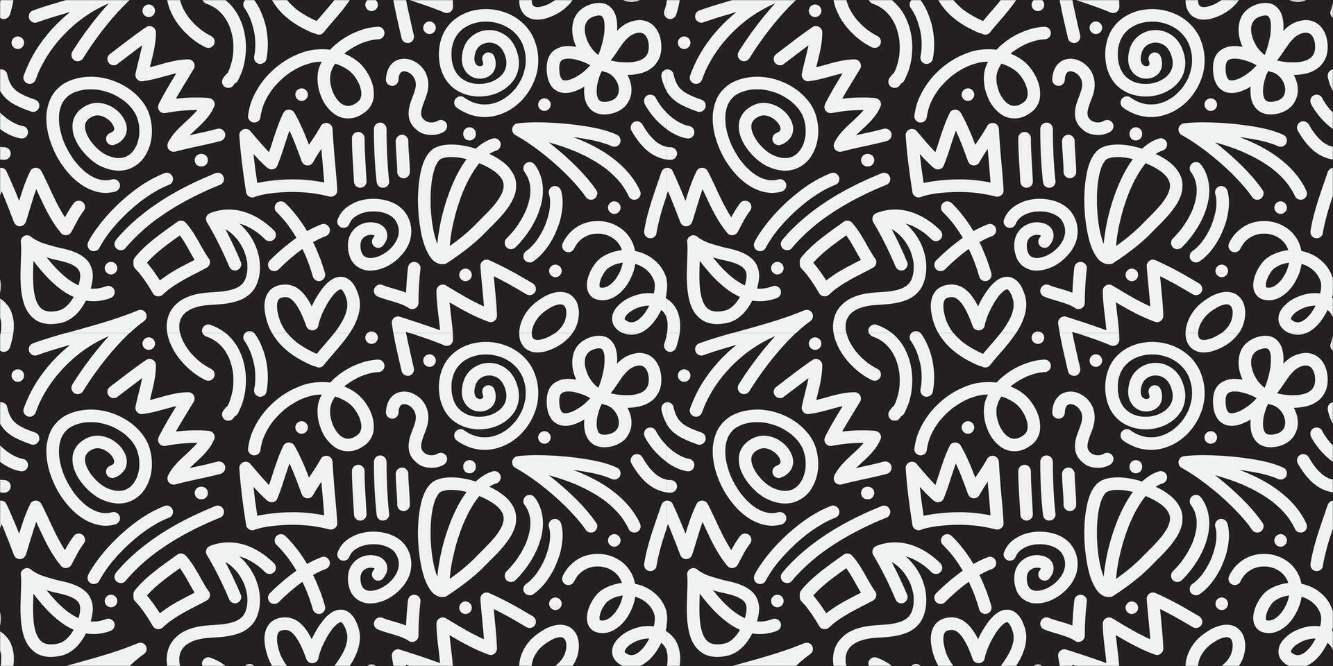 1920x960 black and white line doodle pattern. Collection of creative abstract art background for children or festive celebration designs. Simple childish doodle wallpaper print texture bundle