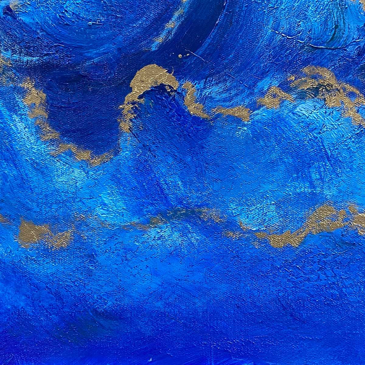 1200x1200 Azure Crest: Square Abstract Ocean Waves Oil Painting with Gold Leaf on Canvas