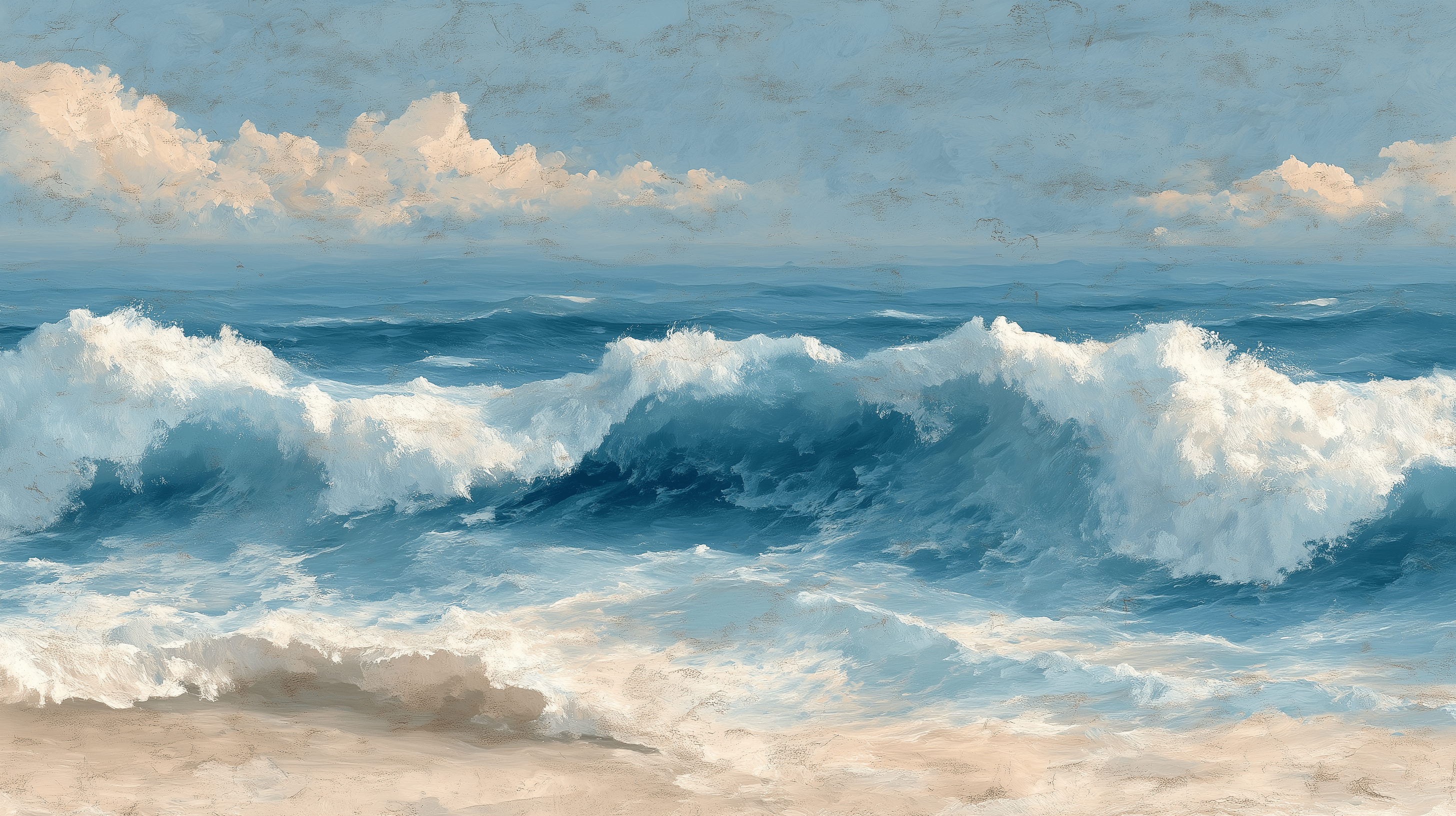 2912x1632 Ocean Wave Oil Painting Wall Mural, Coastal Blue Sea Wallpaper, Large Scale Rolling Waves Seascape Decor