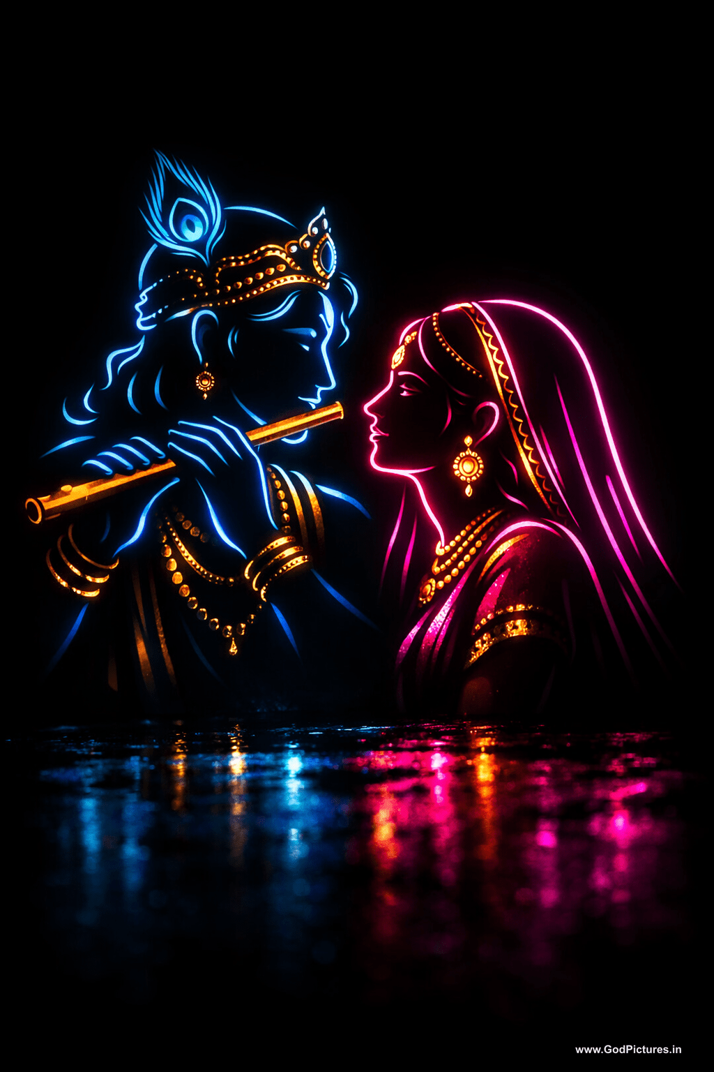 1024x1536 Radha Krishna Neon Glow - Modern Black Background Wallpaper