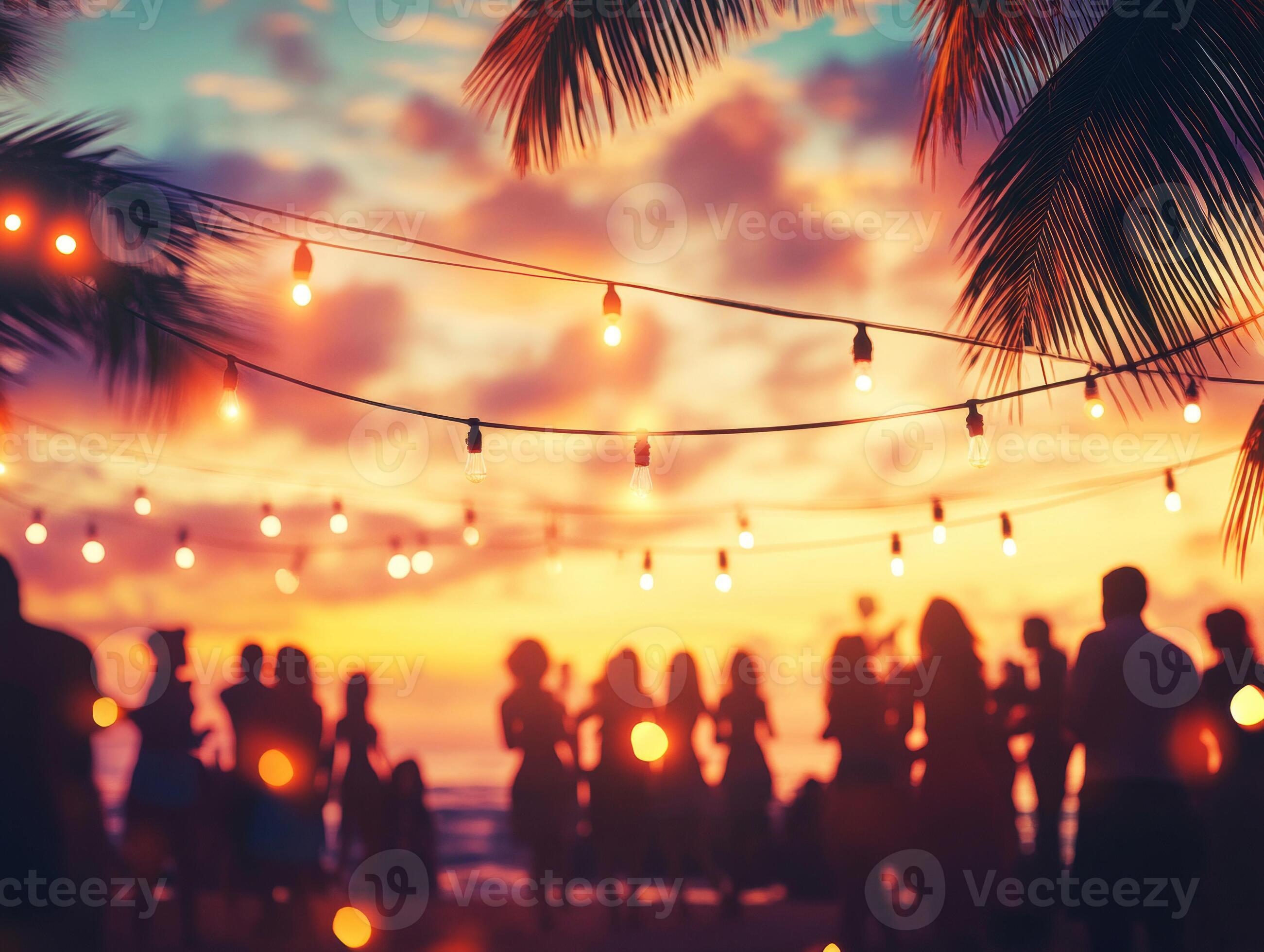 2602x1960 Sunset gathering with string lights and silhouettes on the beach