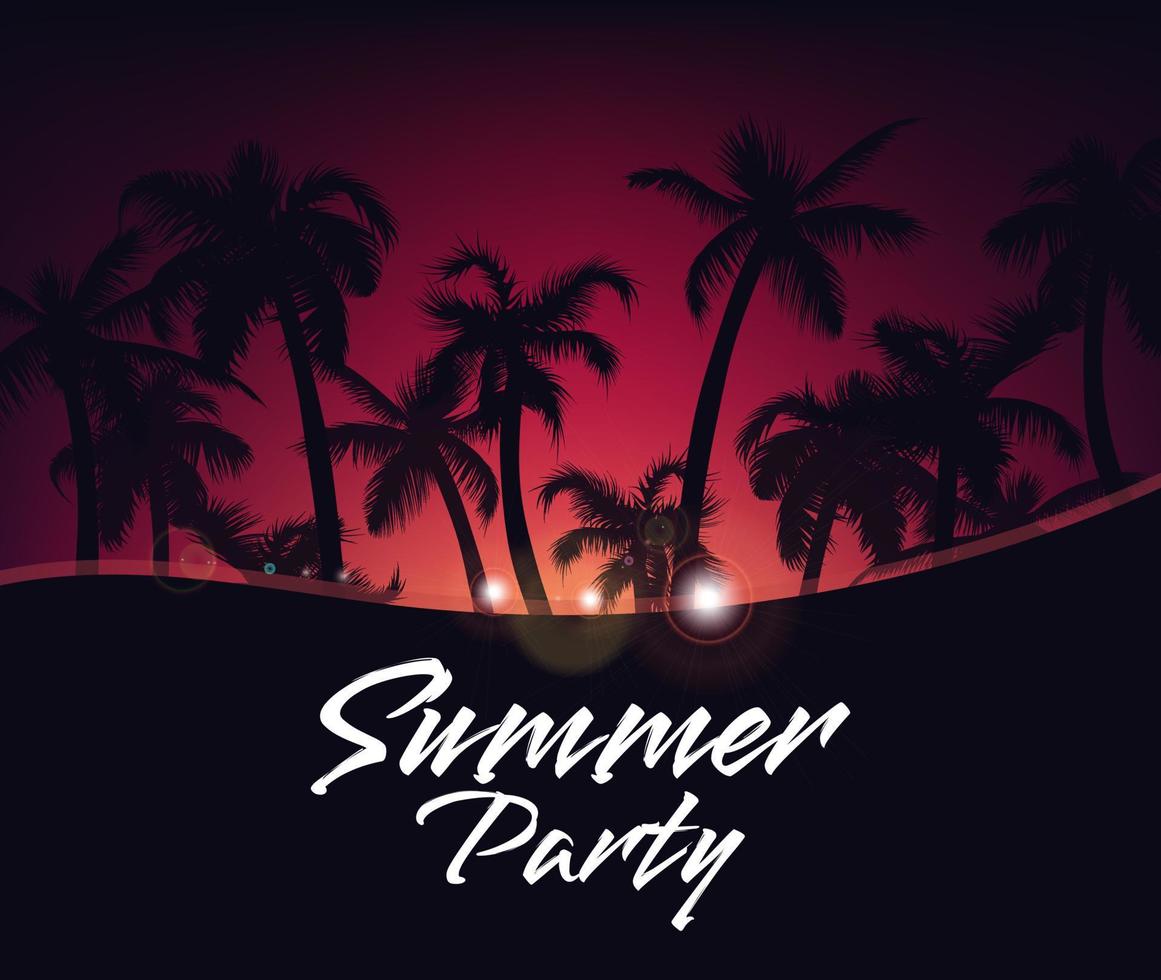 1161x980 Summer tropical night background with palm trees silhouette, sky and red sunset. Music cocktails party poster, flyer, invitation card. Summer vacation. Hawaiian style neon template design