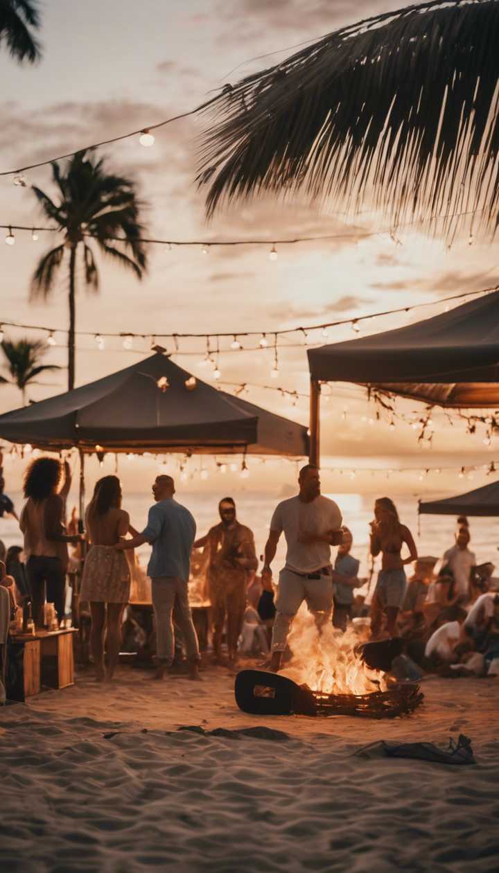 720x1260 An aesthetically pleasing beach party at sunset with people dancing around a bonfire, surfboards strewn around and a DJ table set up under a thatched makeshift canopy. Wallpaper [eca22ea02c854ba38e0f]