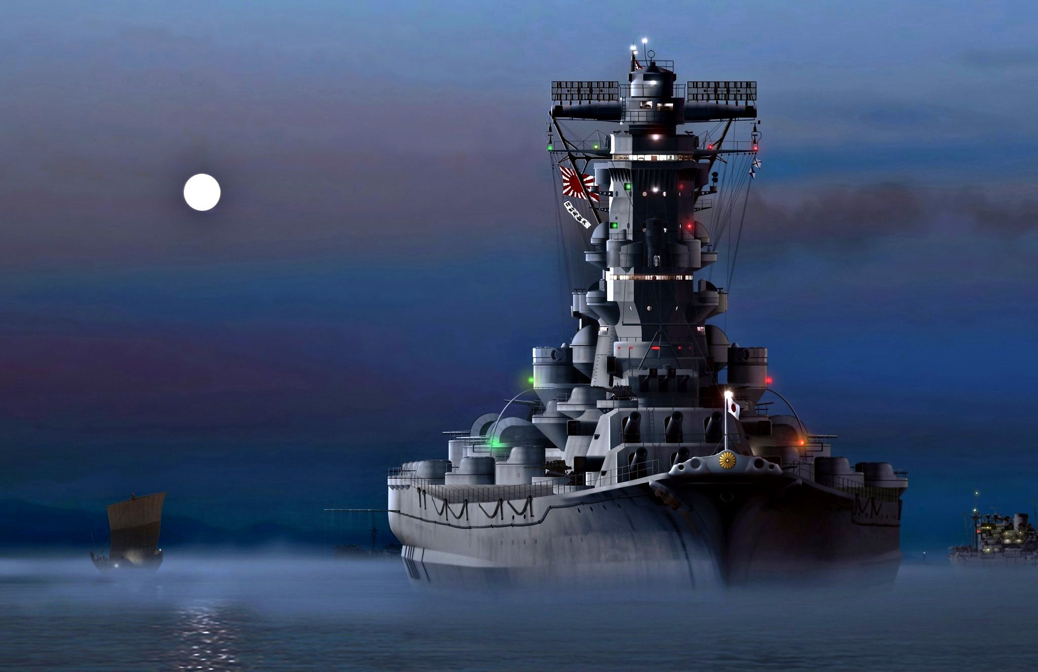 2048x1326 Wallpaper night, the moon, ship of the line, The Imperial Japanese Navy, The Empire Of Japan, Yamato for mobile and desktop, section оружие, resolution 2048x1326