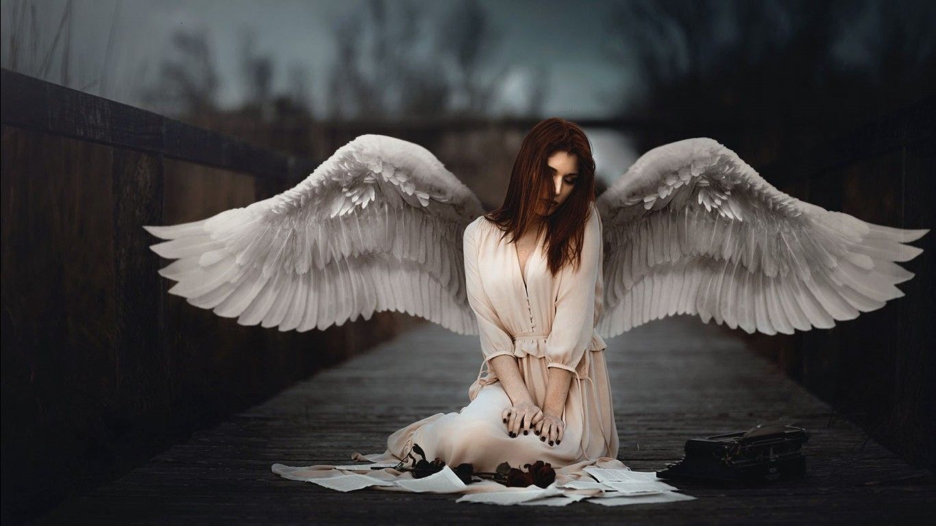 1366x768 Girl Is Sitting Alone With Wings Wearing White Dress HD Alone Wallpaper