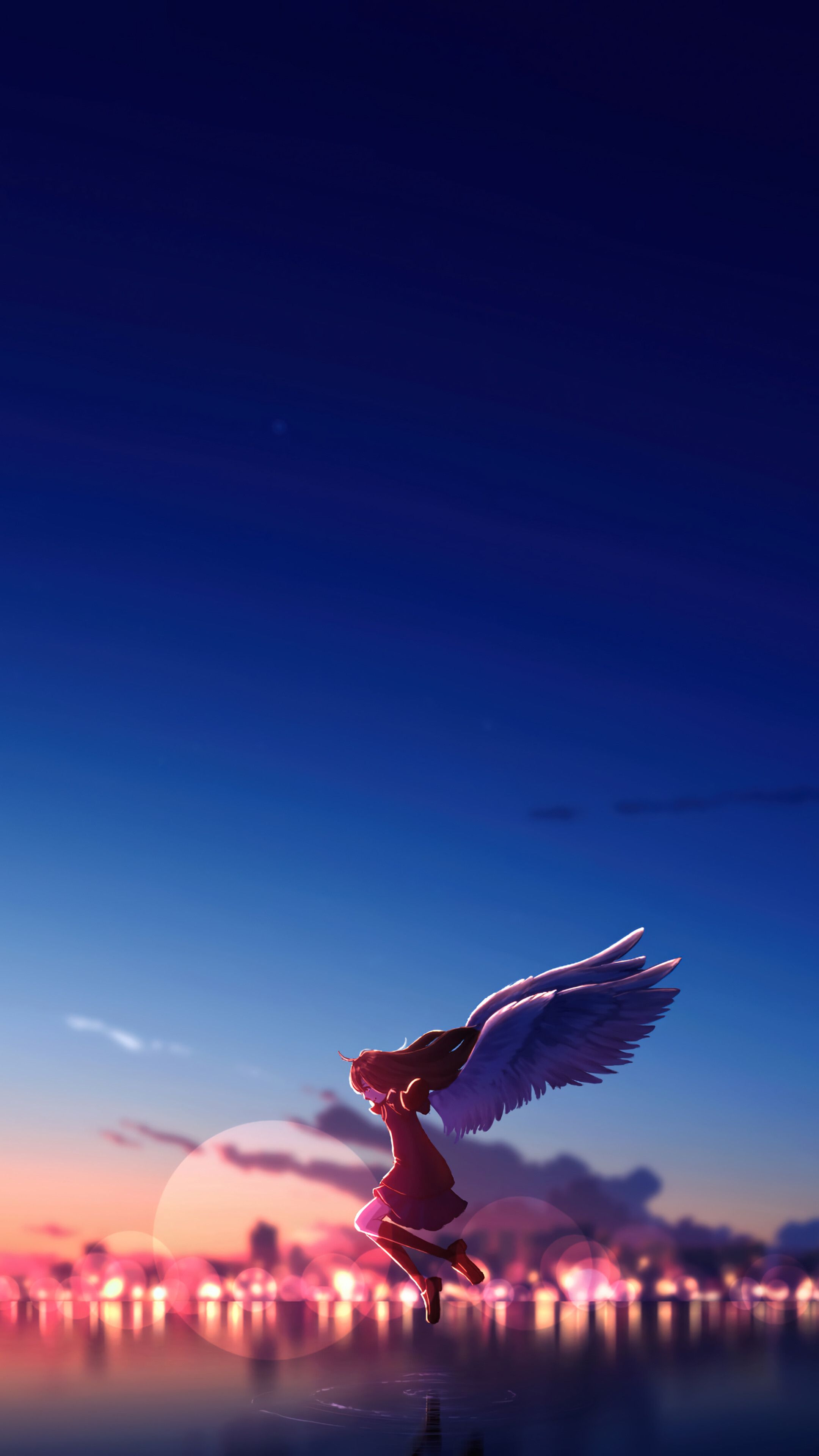 2160x3840 Anime Girl Flying Angel Wings Sky Scenery Wallpaper 4K HD PC i