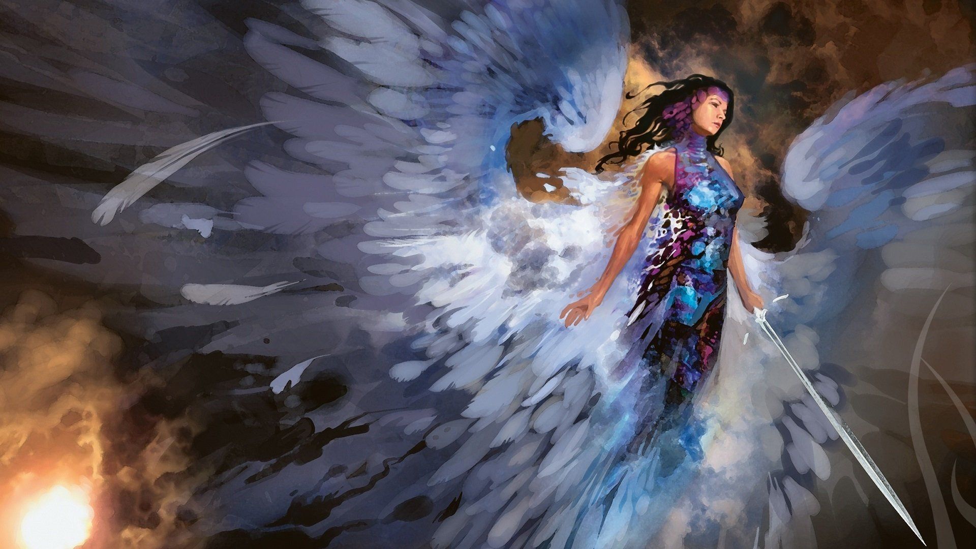 1920x1080 Heavenly Guardian: HD Wallpaper of an Angel with Sword and Wingsx1080