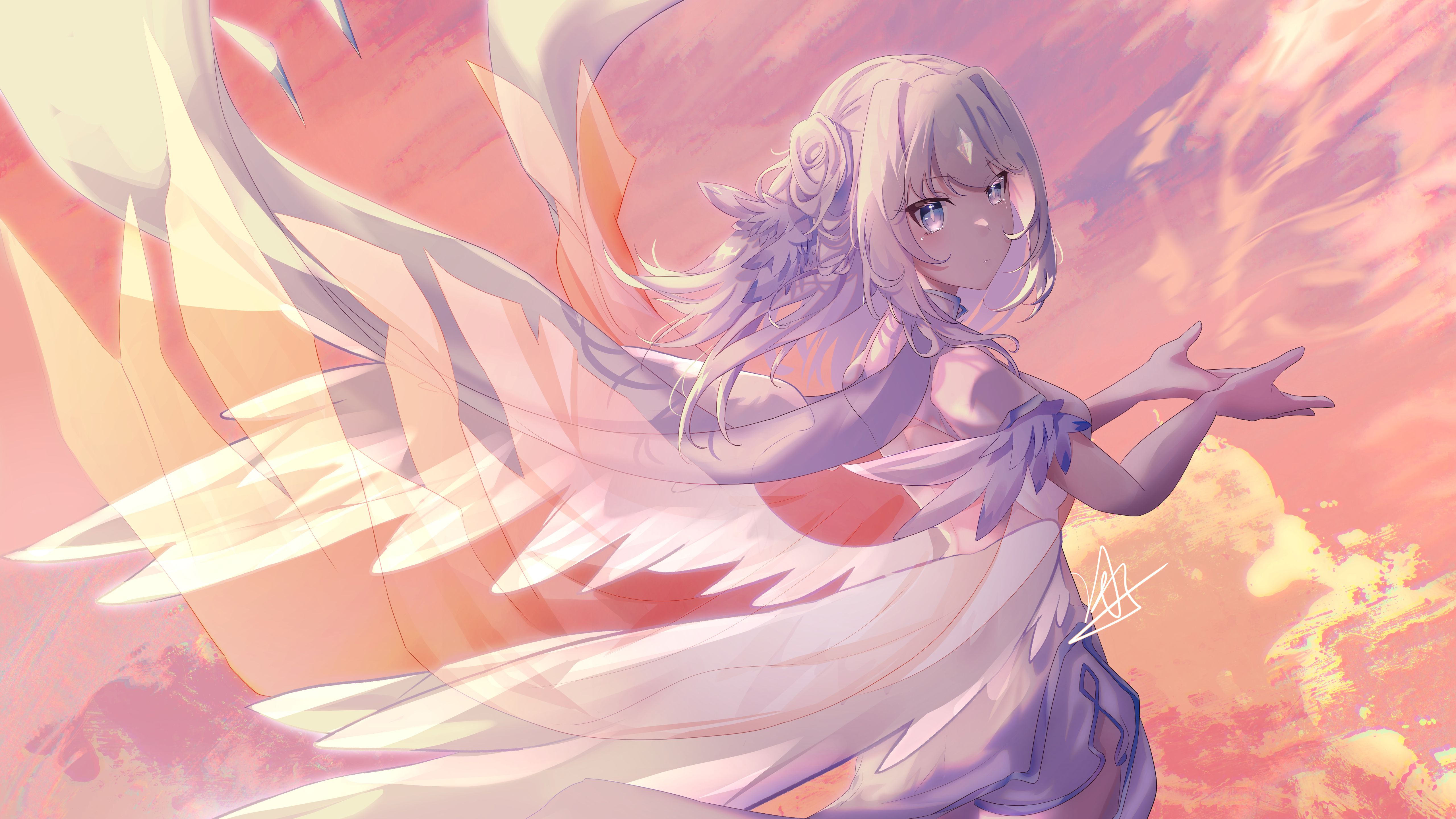5120x2880 Anime Girl With Wings White Dress 4K 5K HD Anime Girl Wallpaper