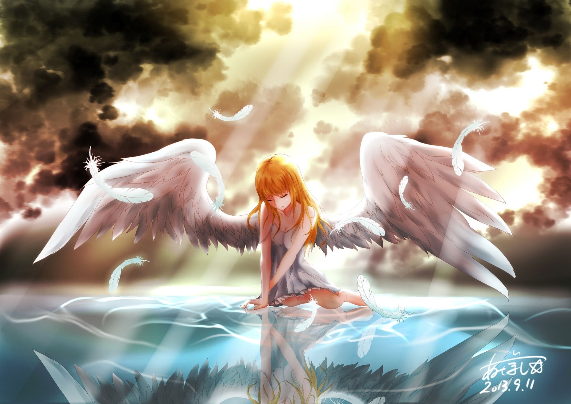 1920x1358 Wallpaper the sky, water, girl, clouds, light, reflection, wings, angel for mobile and desktop, section прочее, resolution 1920x1358