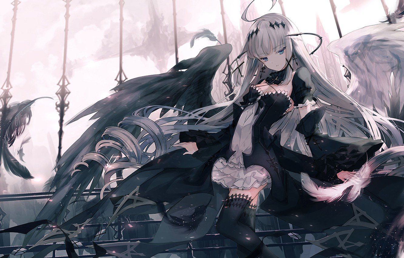 1332x850 Anime Girl Black Wings Background HD Wallpaper 84942