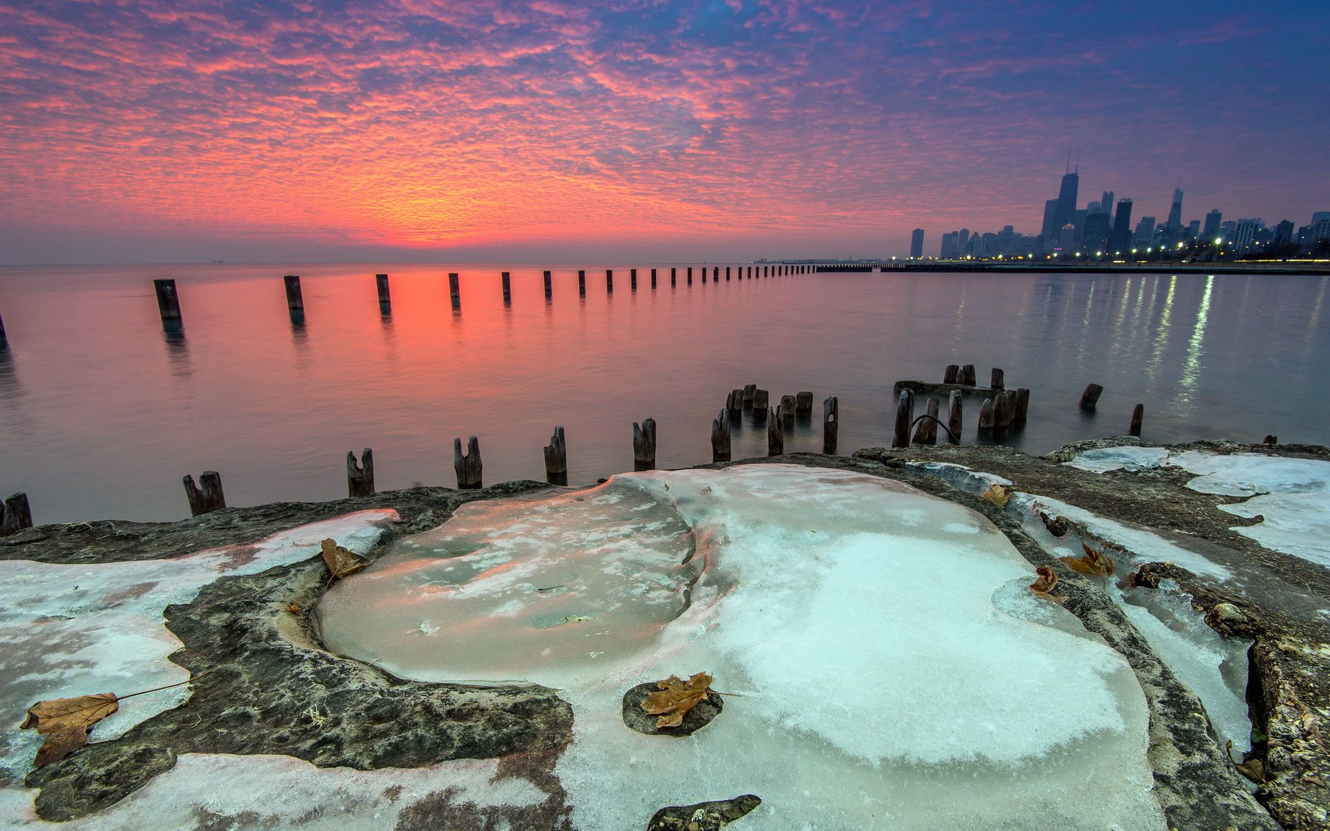 1920x1200 Wallpaper ice, beach, Chicago, water, lake, sunrise, Michigan, Fullerton for mobile and desktop, section город, resolution 1920x1200