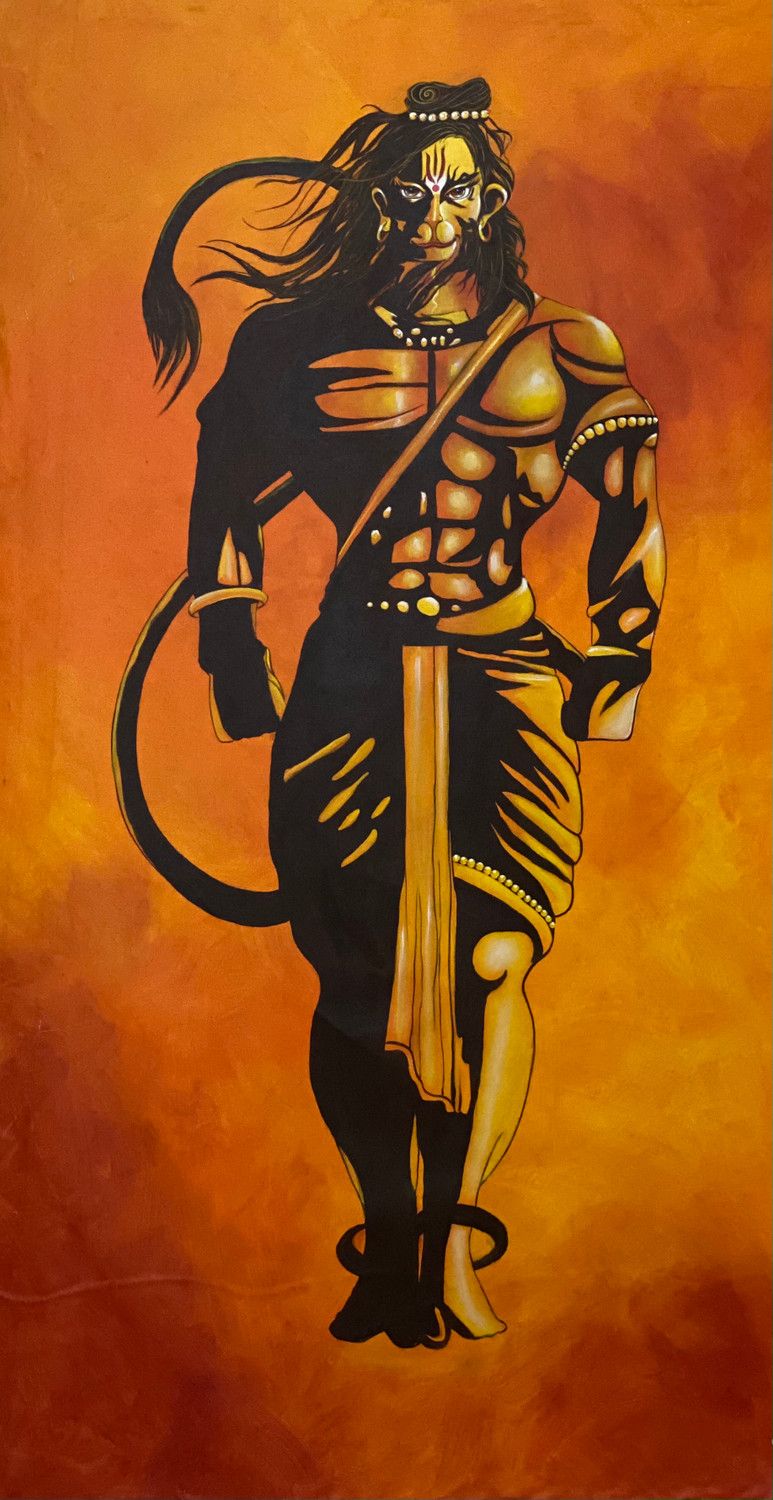 773x1500 Hanuman Ji. Divine Warrior In Fiery Hues. Mythological, Bold, Traditional Canvas Art Print