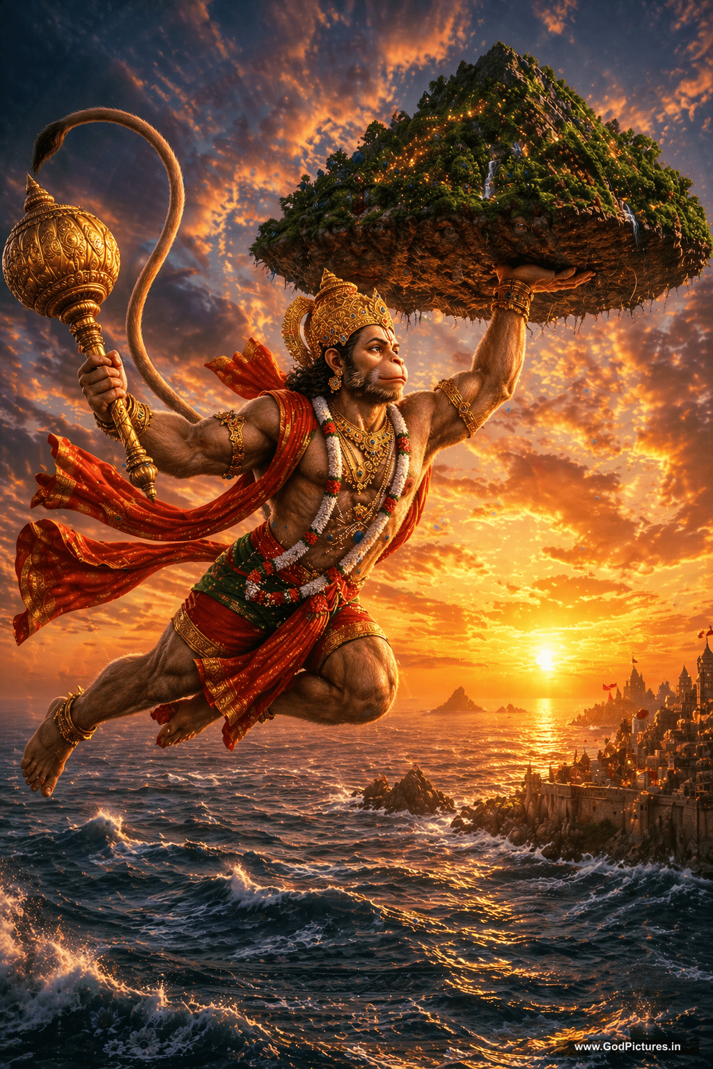1024x1536 Hanuman Carrying Sanjeevani Mountain Over Ocean HD Wallpaper