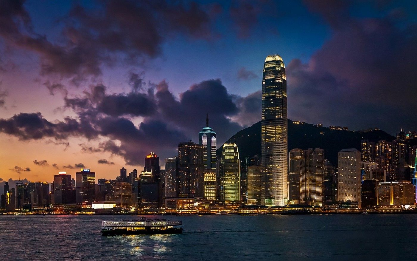 1400x875 landscape, Hong Kong, Harbor, Skyscraper, Cityscape, Ferry, Sea, Evening, Lights, Architecture, Modern, China, Clouds, Urban, Metropolis Wallpaper HD / Desktop and Mobile Background