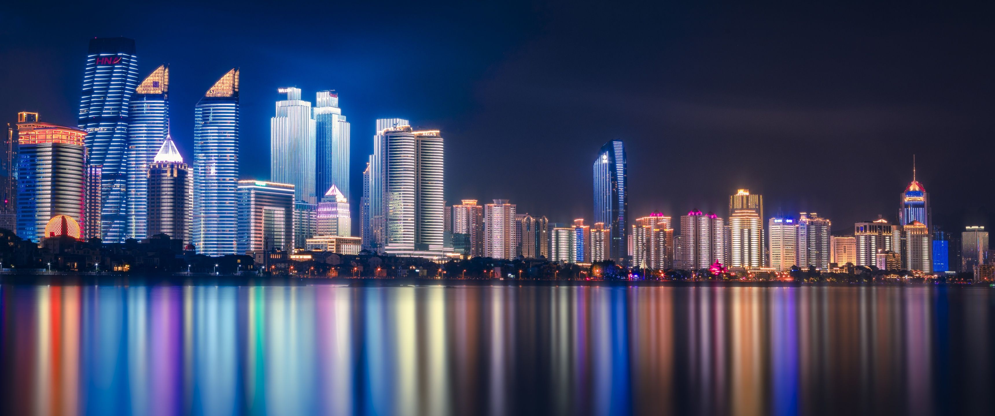 3440x1440 Qingdao Wallpaper 4K, China, Night, Cityscape
