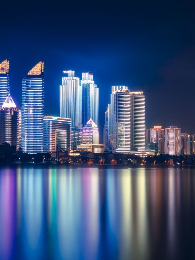 768x1024 Qingdao Wallpaper 4K, China, Night, Cityscape