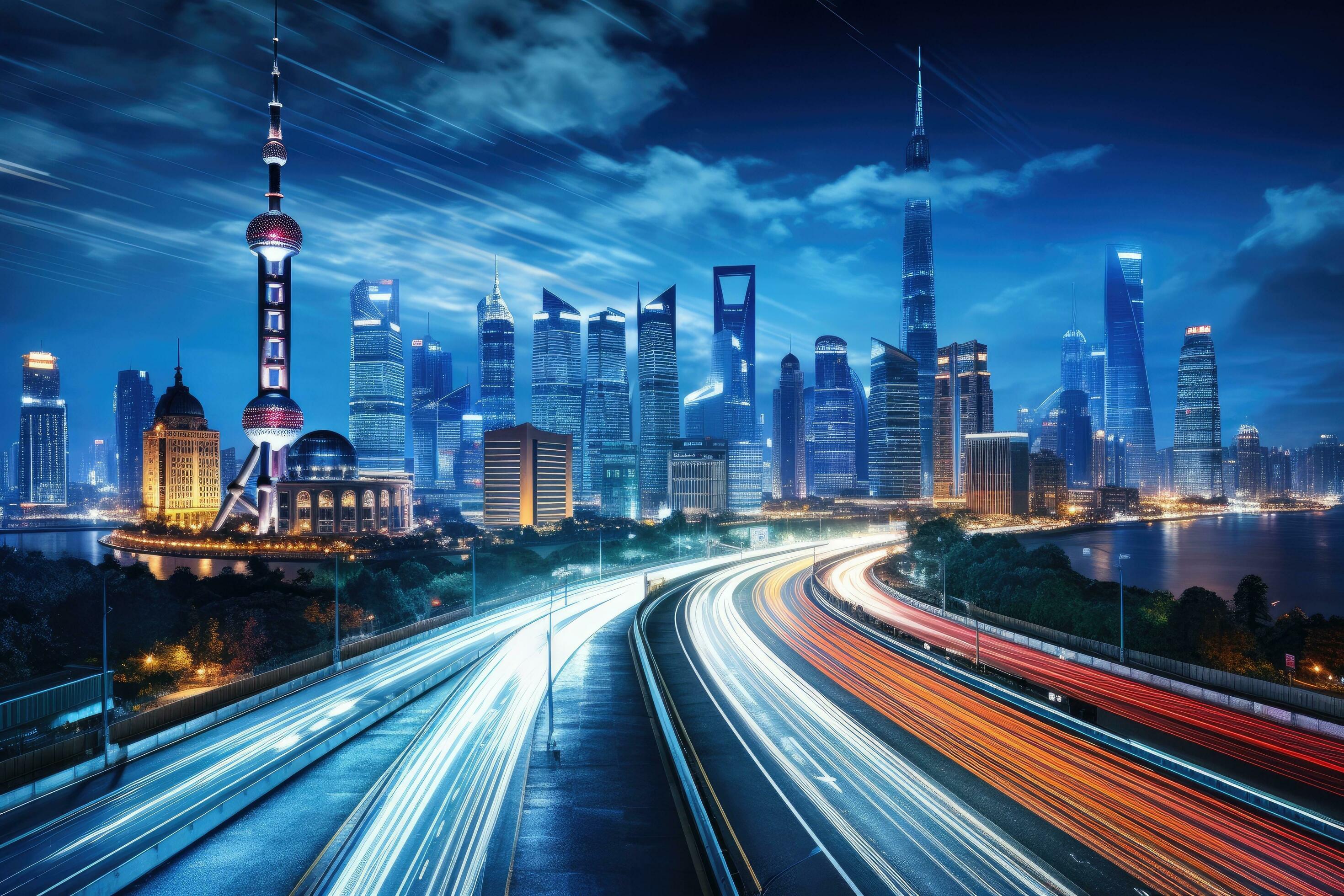 2940x1960 Shanghai Lujiazui Finance and Trade Zone of the modern city night background, Shanghai city skyline and expressway at night, China, AI Generated