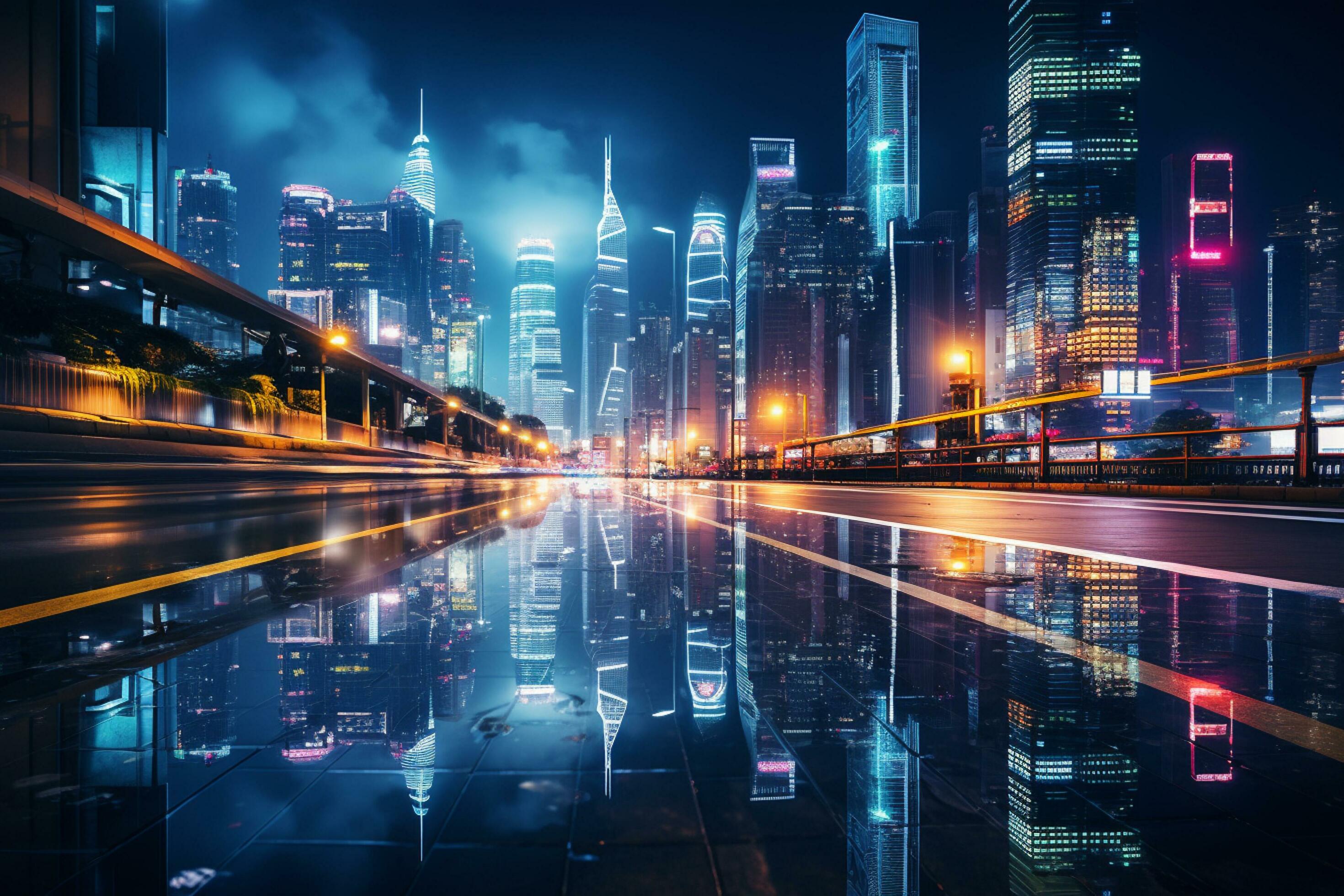 2940x1960 the light trails on the modern building background in shanghai china. Ai Generated