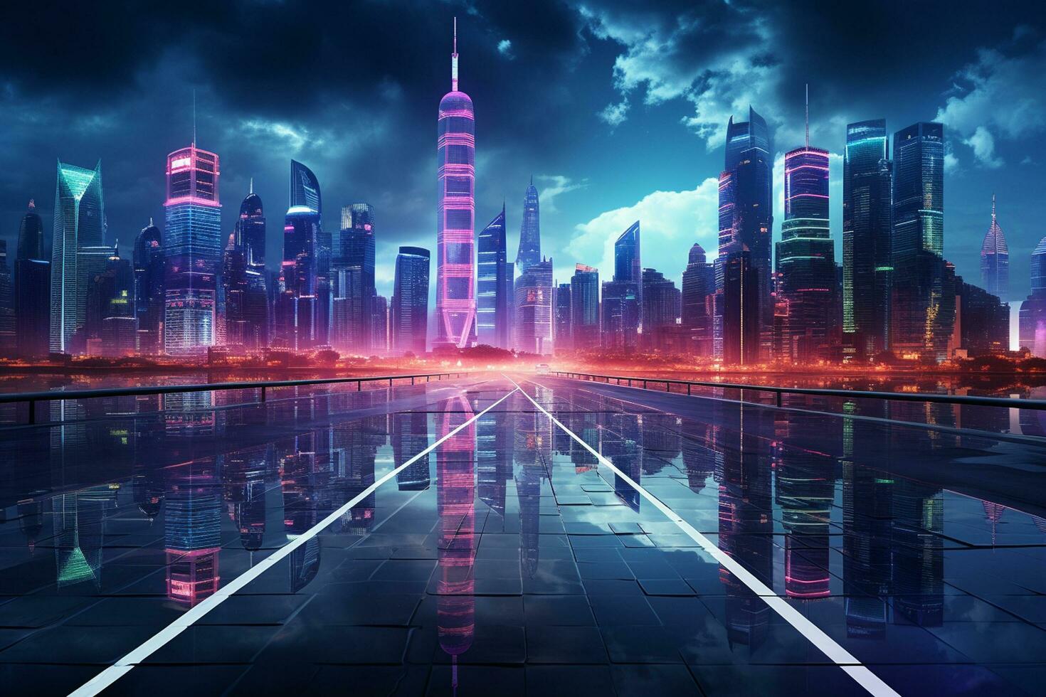 1470x980 the light trails on the modern building background in shanghai china. Ai Generated