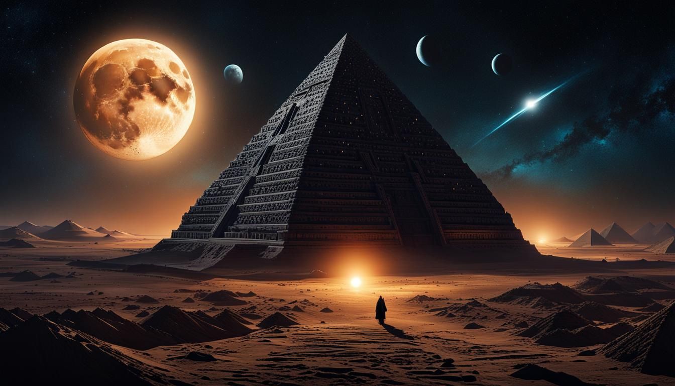 1344x768 A captivating, dark fantasy illustration of a mysterious pyramid complex on the moon. The pyramids are adorned with intricate, bright glowin
