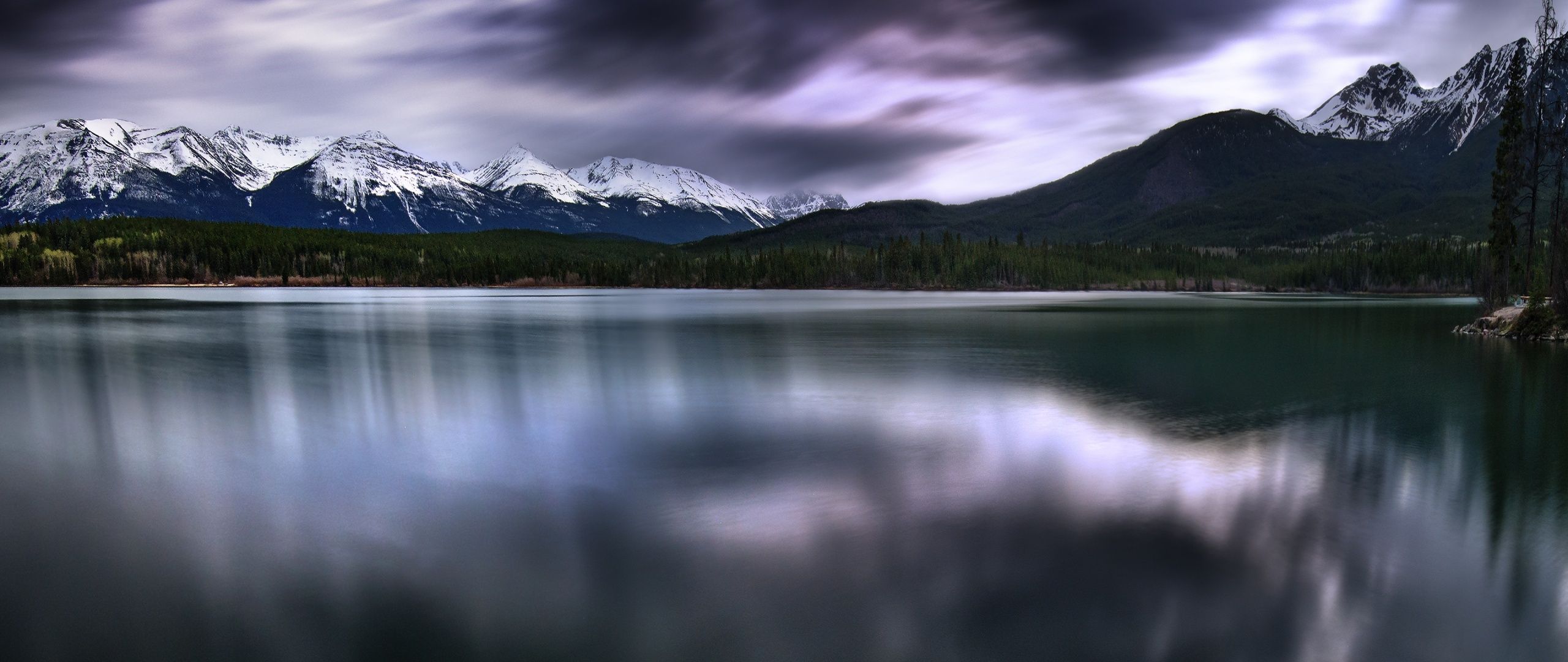 2560x1080 Pyramid Lake Wallpaper 4K, Canada, Dark clouds, Landscape