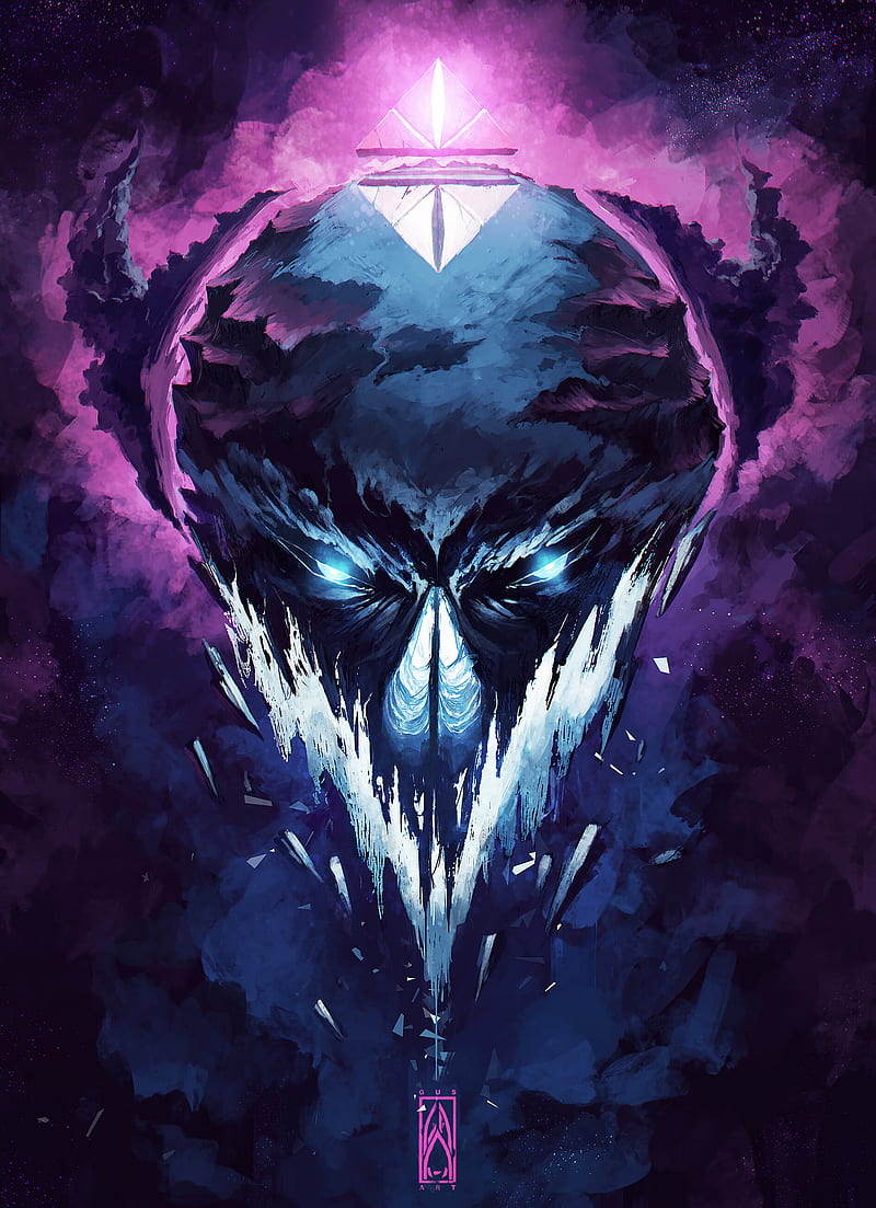 800x1103 Gustavo Arteaga, concept art, face, skull, rocks, smoke, dark, pyramid, purple, HD phone wallpaper