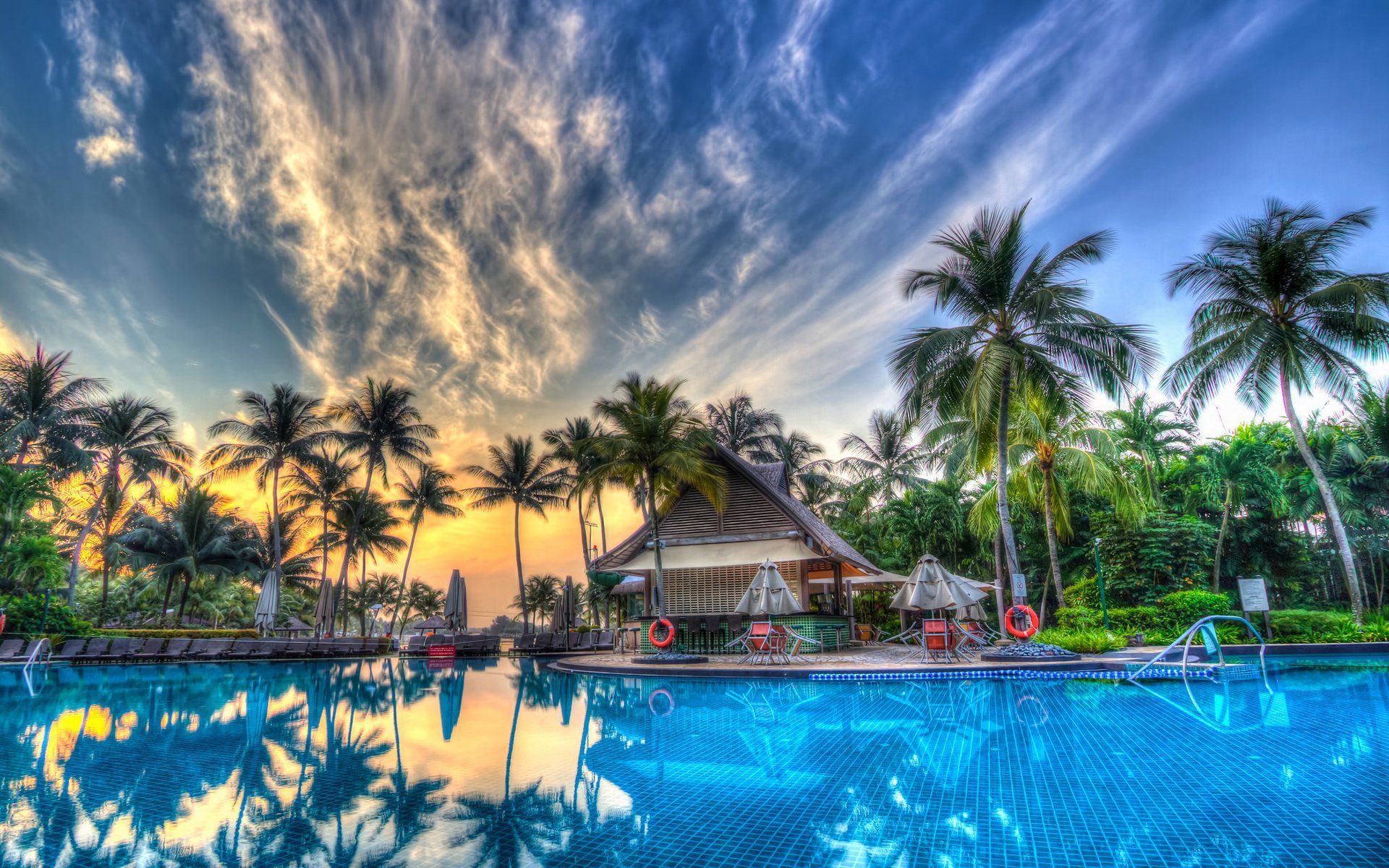 1920x1200 Download Resort Sunrise Reflection Pool Palm Tree Photography Holiday HD Wallpaper