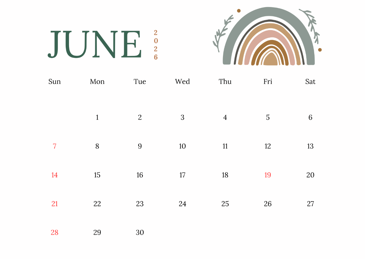 1200x851 Free Sunday Start June 2026 Calendar Template To Edit Online
