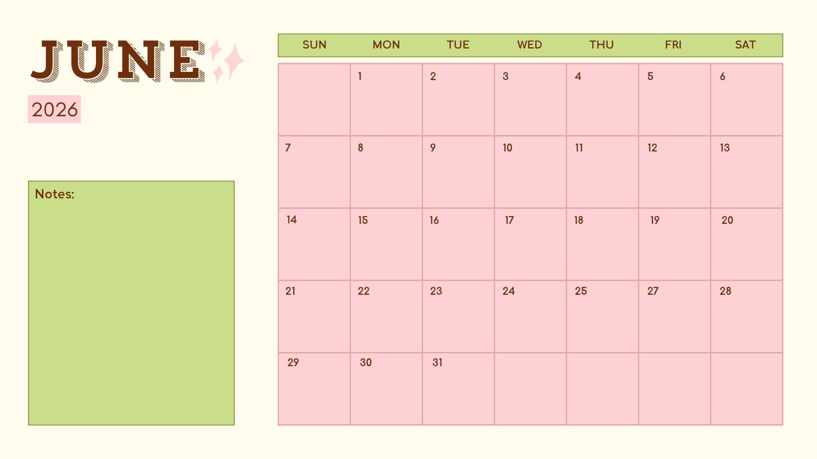 1600x900 Free printable, custom June 2026 calendar templates
