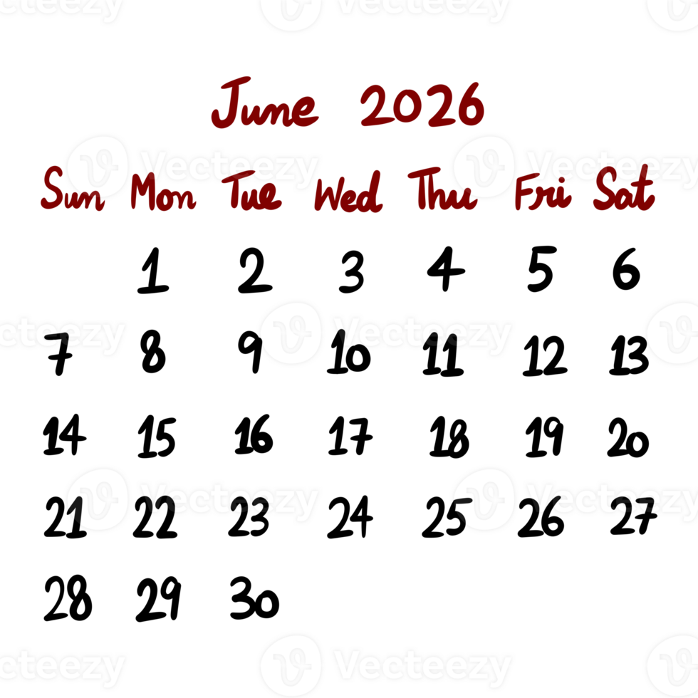 980x980 June 2026 calendar planner in red and black isolated on transparent background 74555188 PNG