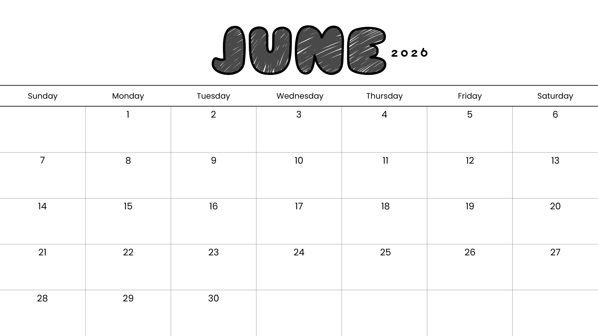 1920x1080 FREE Minimalist June 2026 Calendar Printable (PDF Download)