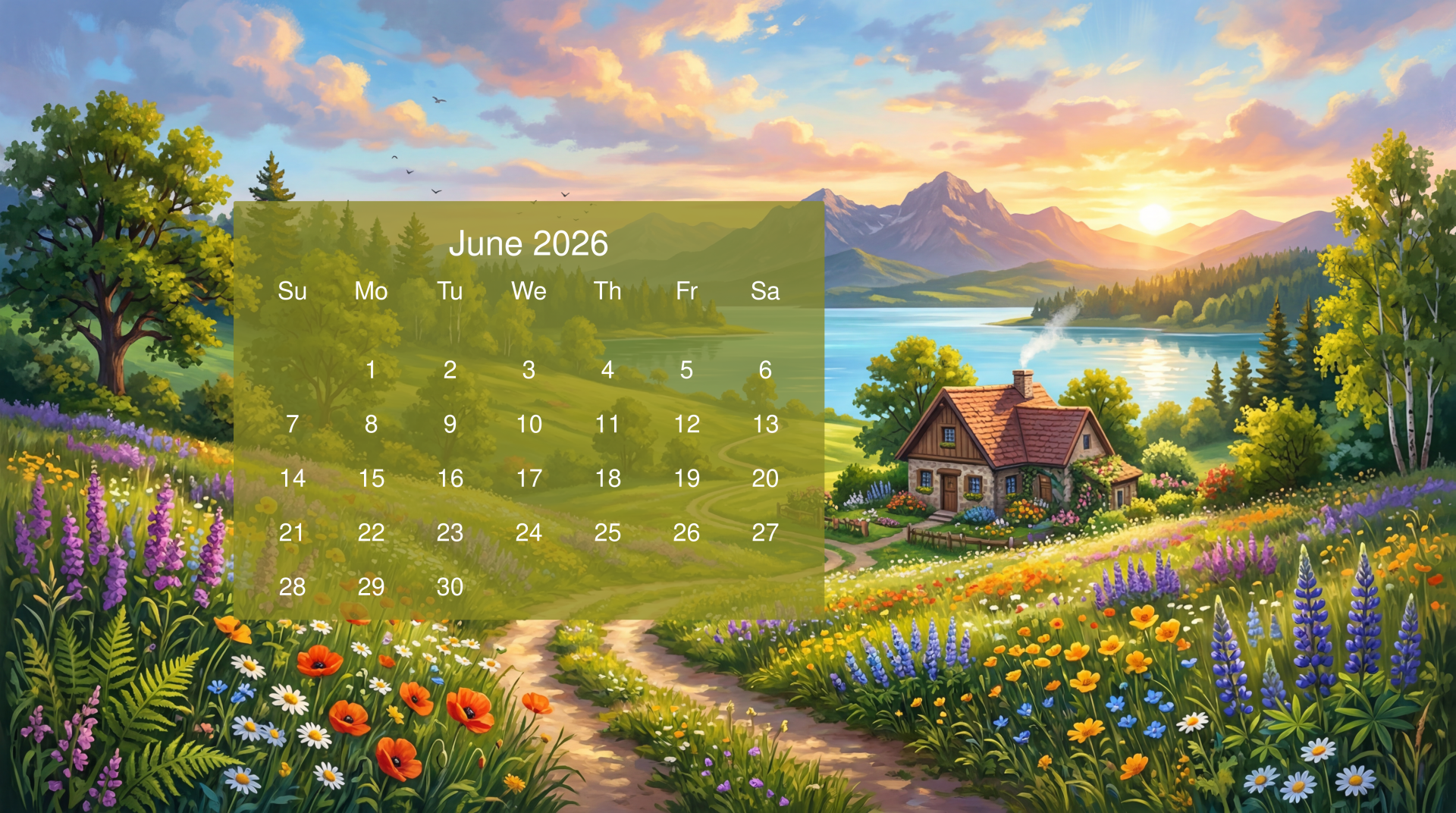 1920x1072 June 2026 5K Meadow Calendar. June 2026 Ultra HD Cottage Calendar. June 2026 Scenic 5K Wallpaper