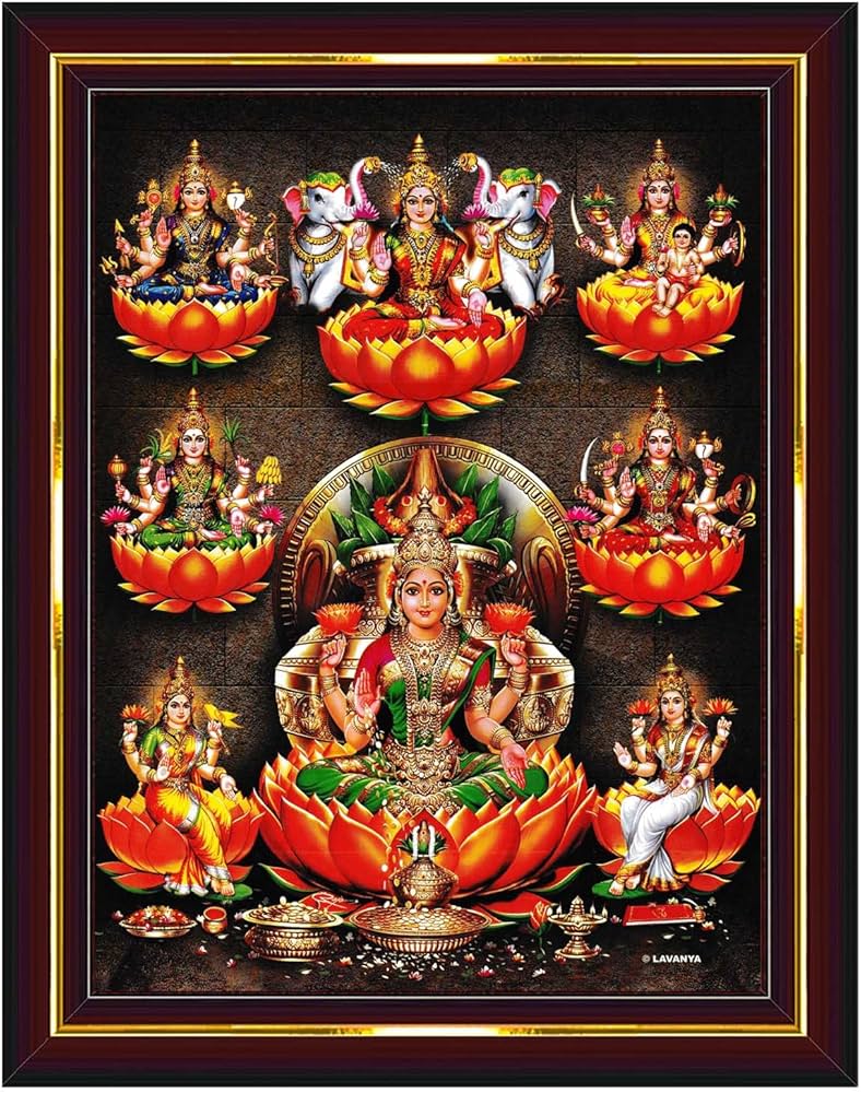 788x1000 Pavan Photo Laminations Ashtalakshmi Ashta Lakshmi Astalaxmi Devi Wall Painting Framed Home Decor (Wood, Acrylic, Brown, Small Size, 6x8 Inch) B345S