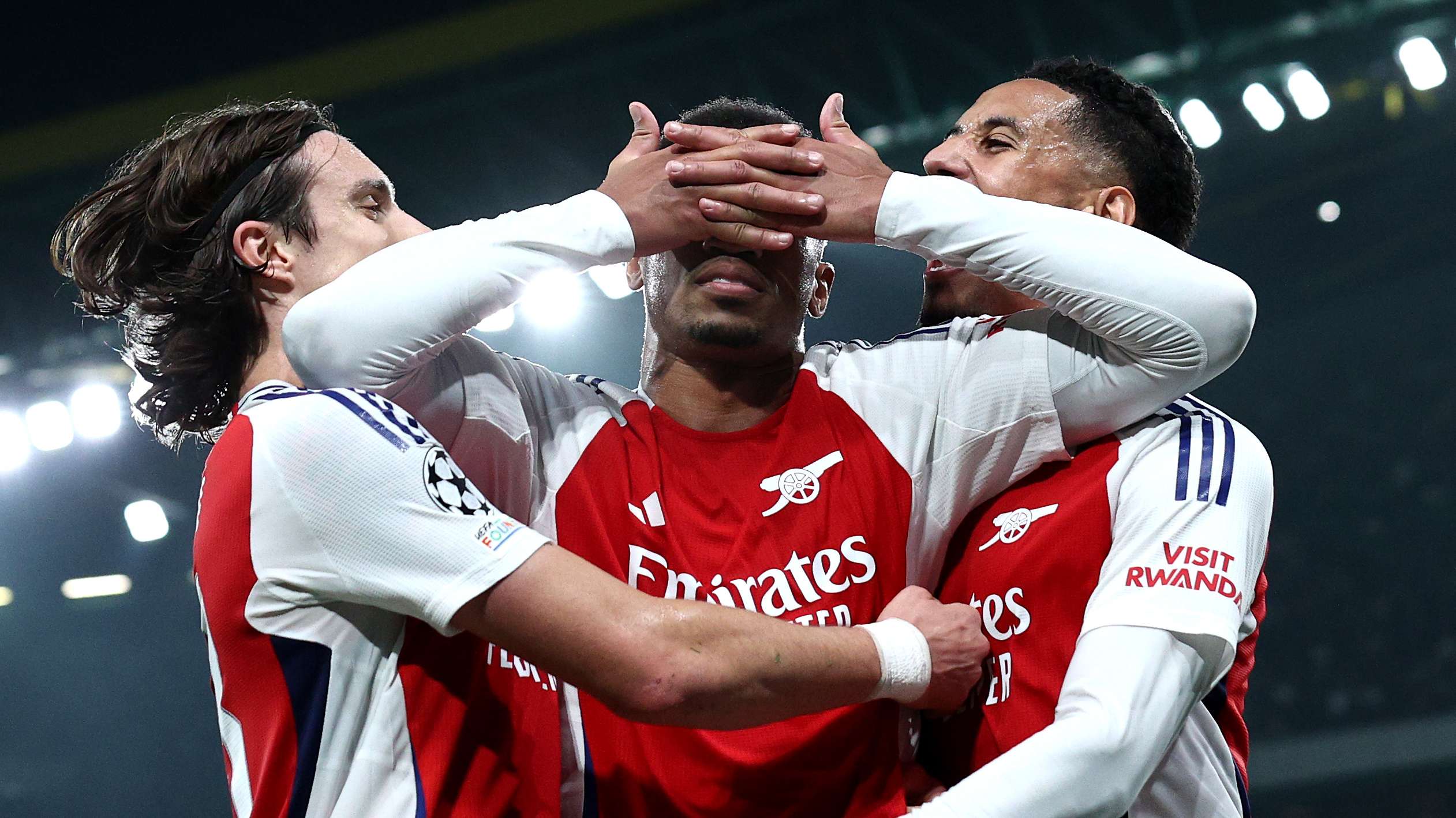 2523x1419 Viktor Gyokeres, where are you? Gabriel Magalhaes mimics Sporting CP star's signature celebration as Arsenal run riot in first half of Champions League meeting