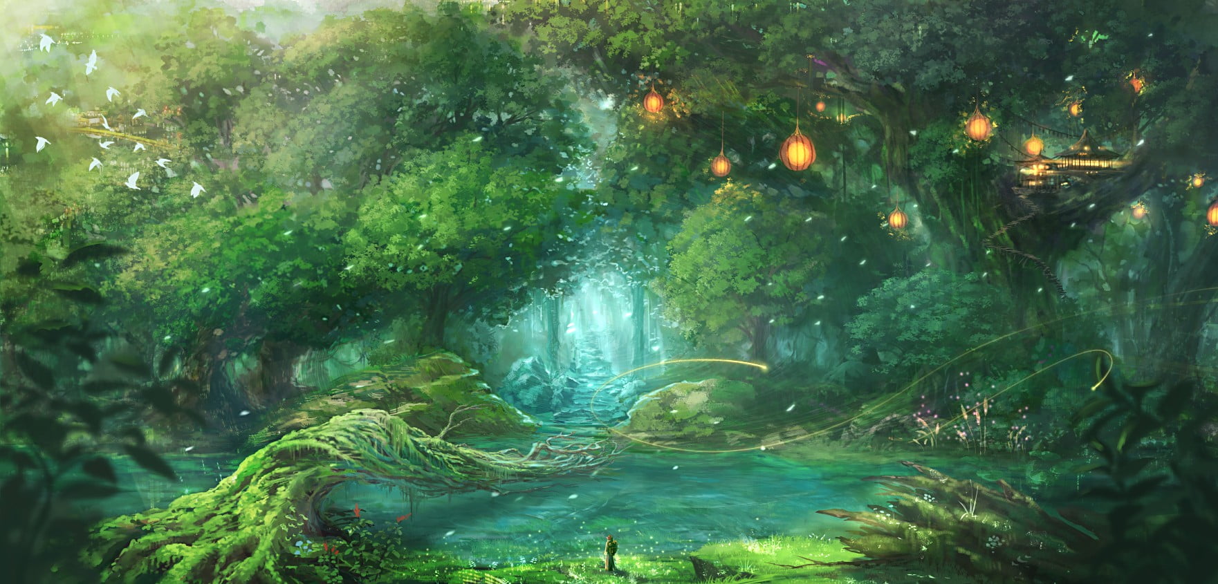 1761x845 Rain forest wallpaper, fantasy art, forest, trees, birds HD wallpaper