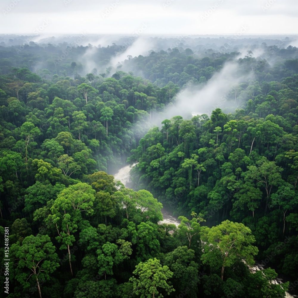 1000x1000 Aerial View of Rainy Tropical Rainforest with Rising Mist. rain aesthetic, forest aesthetic, rain wallpaper 4k, amazone rain forest