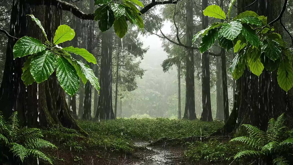 1244x700 Scenic Rain Forest Environment Stock Footage Nature Scene Tropical Rainforest Setting Dark Tree Trunks Lush Green Vegetation Background Scenery Wild Outdoors
