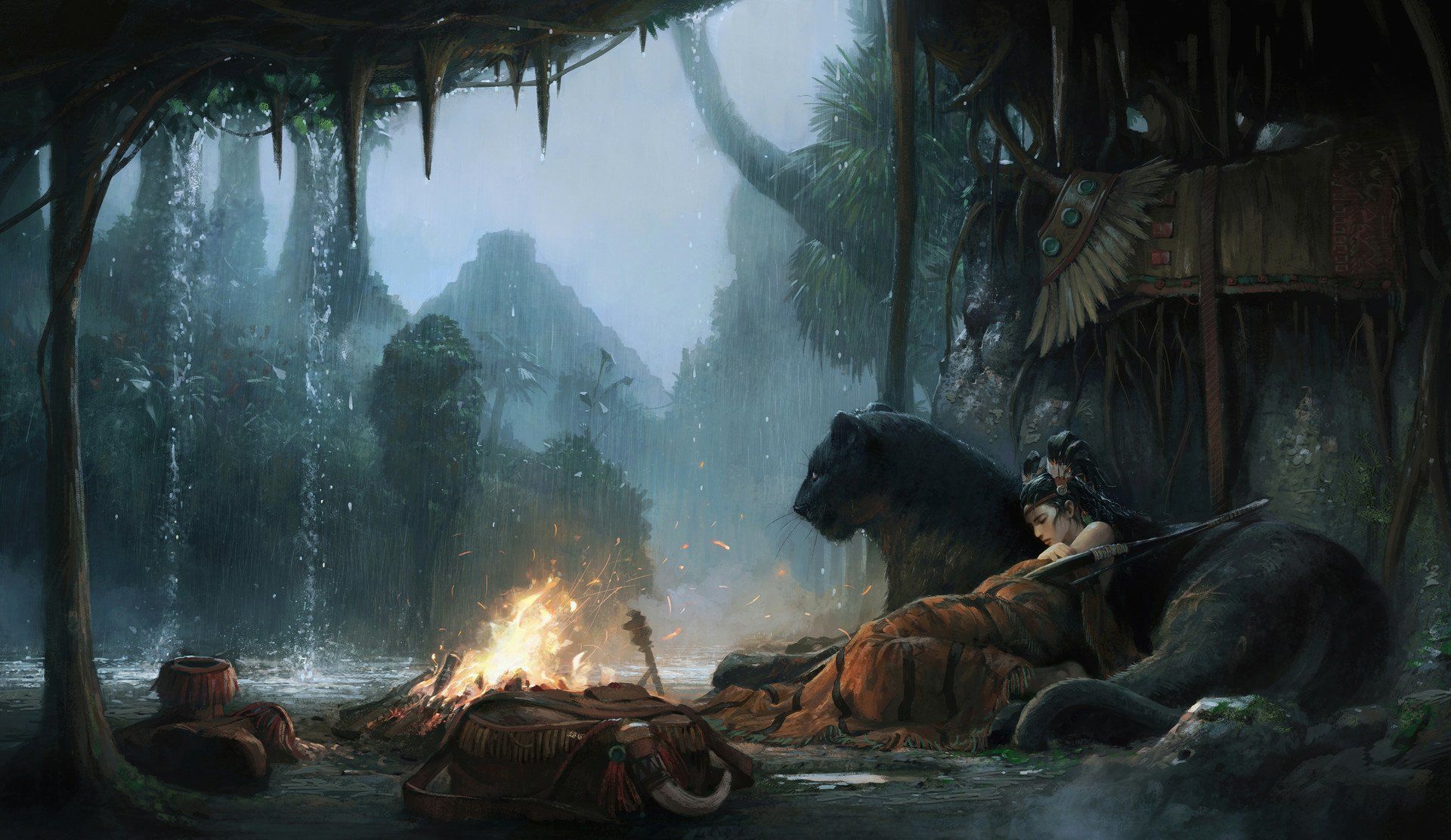 1920x1112 Mystic Warrior and Panther: Jungle Rain HD Wallpaperx1112