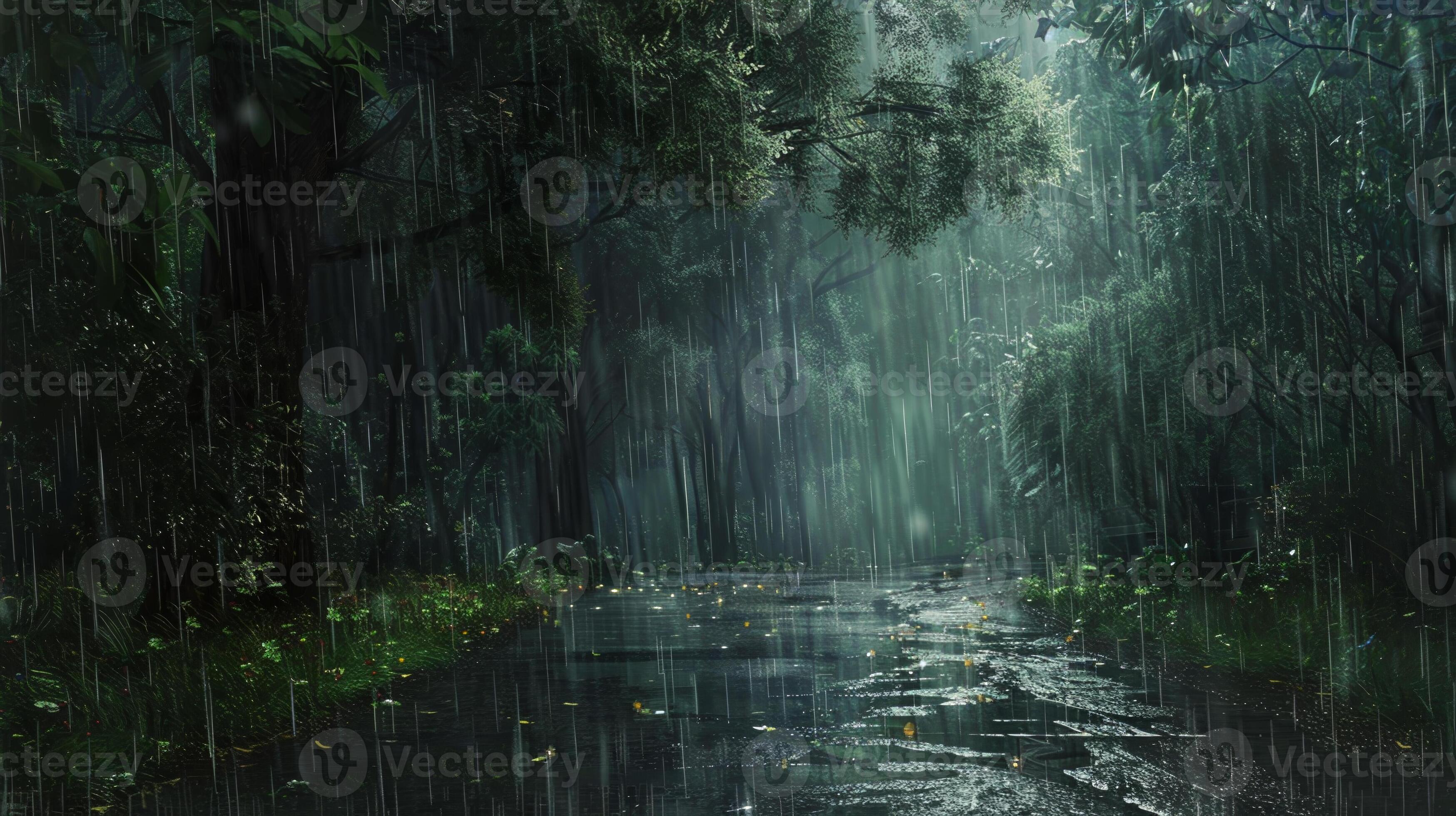 3497x1960 A rainy forest with a road running through it