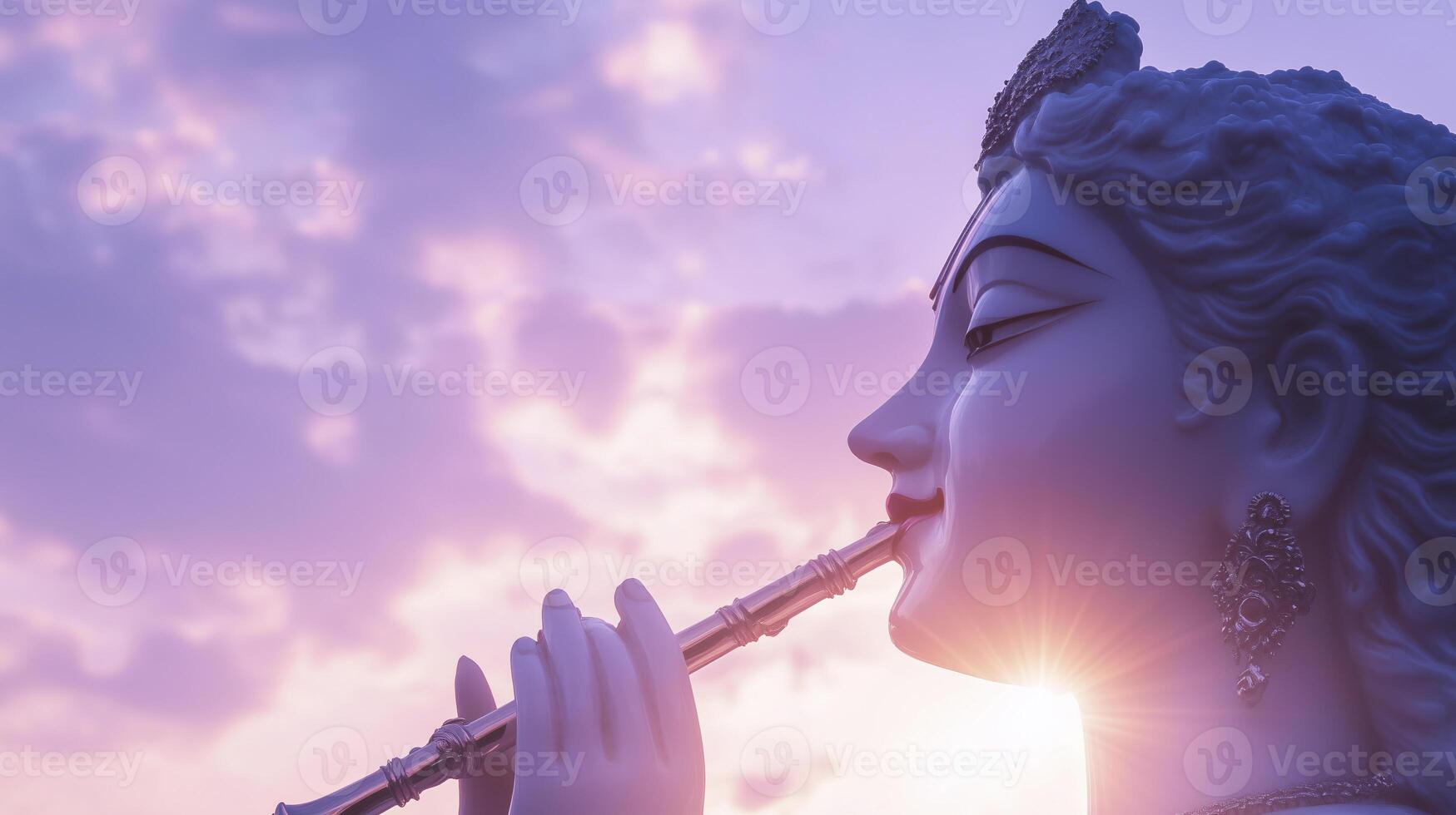 1749x980 Minimalist illustration of Krishna silhouette holding a flute, pastel sky gradients