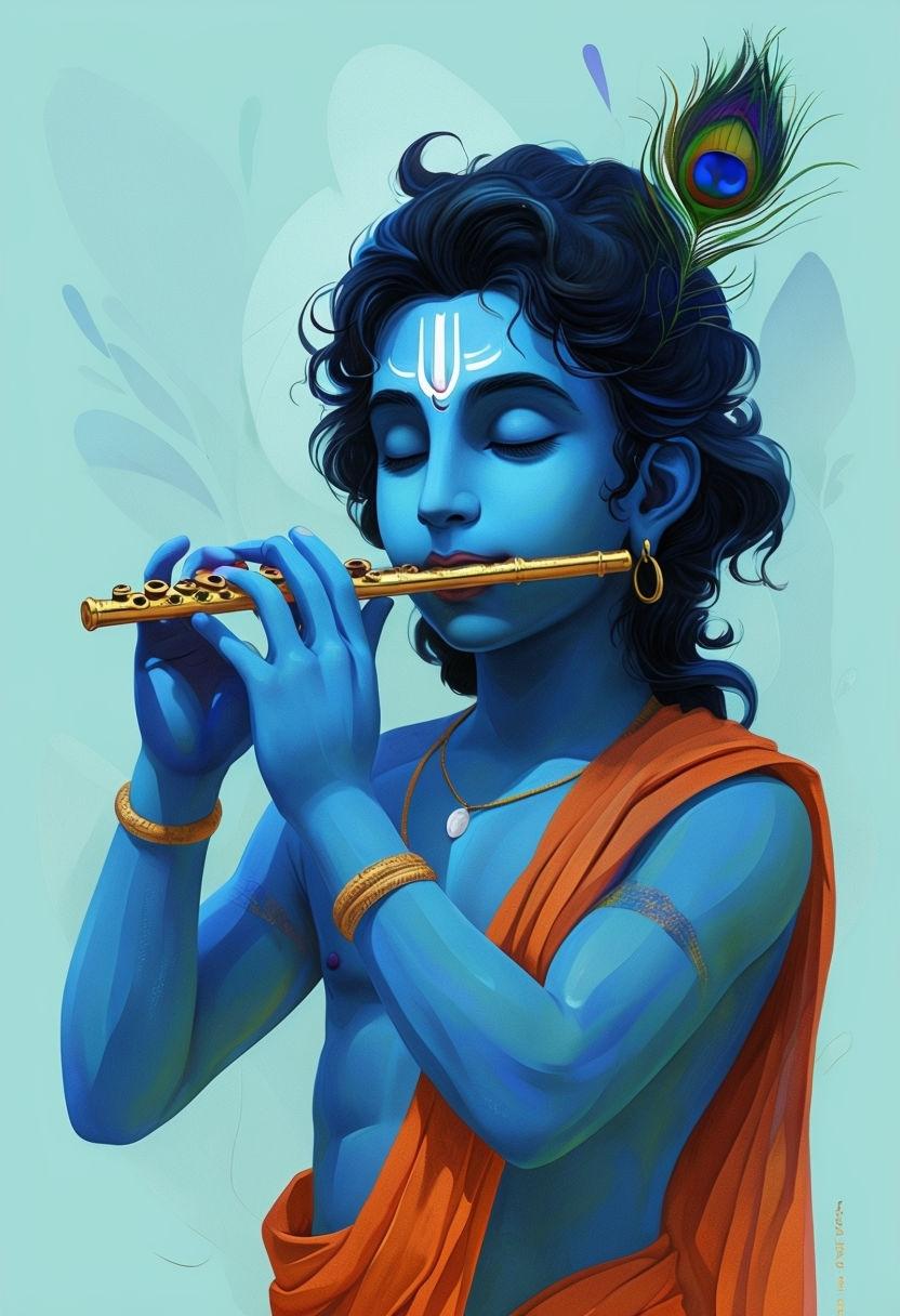 832x1216 Serene Lord Krishna Flute Illustration in Modern Minimalist Style Art