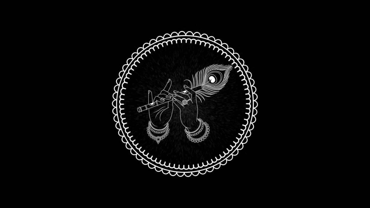 1244x700 Krishna Playing Flute with Peacock Feather in Hands Mandala Circular 360 Degree Seamless Loop Spiritual Hindu Art on Black Background
