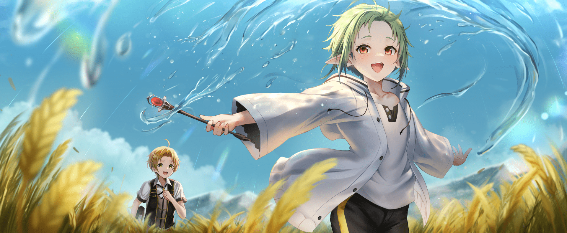 1920x791 HD Anime Wallpaper: Rudeus & Sylphiette from Mushoku Tensei Magic Adventure