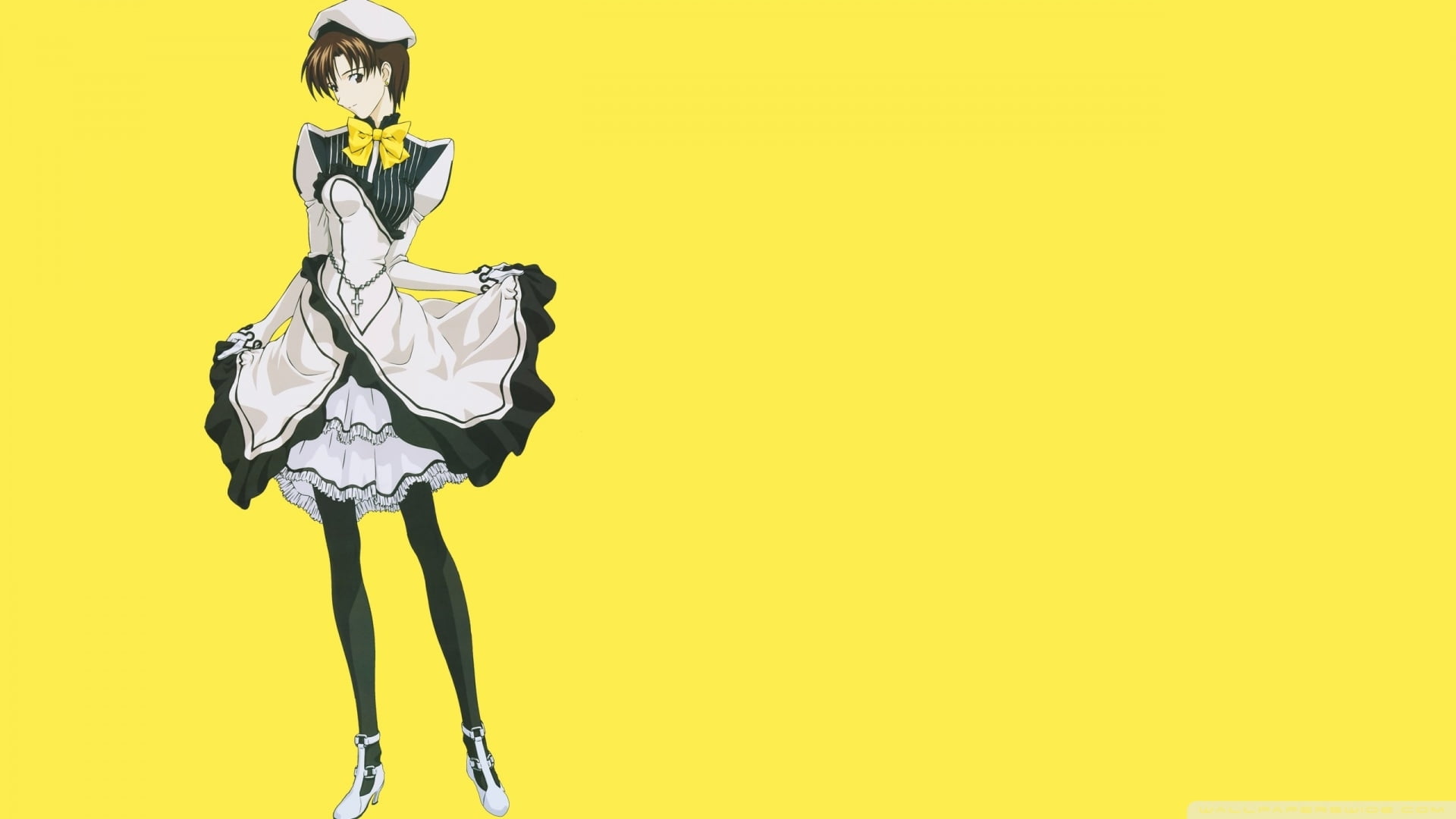 1920x1080 Brown hair girl wearing white and black midi dress anime character HD wallpaper