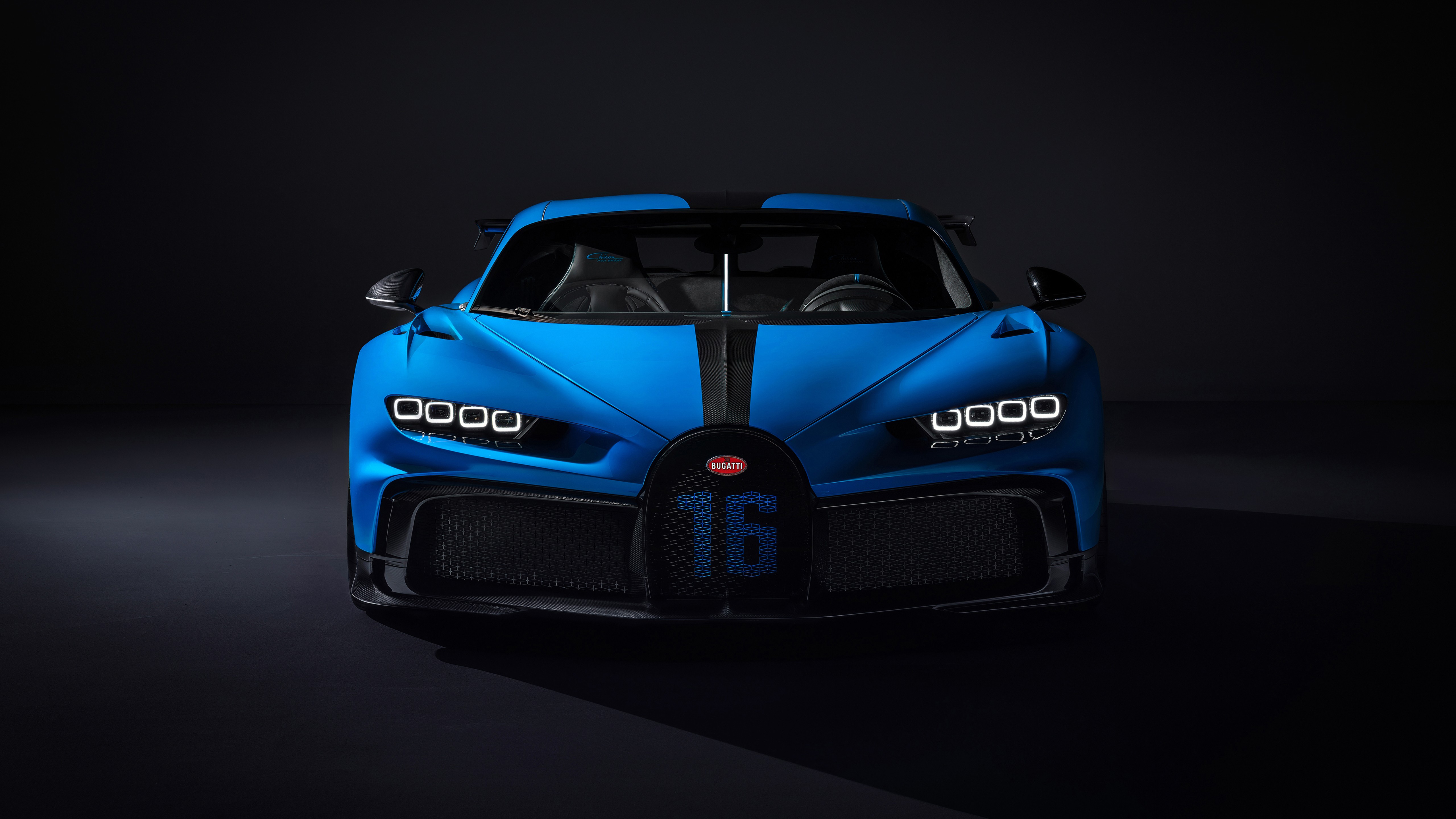 5120x2880 Blue car Bugatti Chiron Pur Sport 2020 on a black background Desktop wallpaper 1600x900