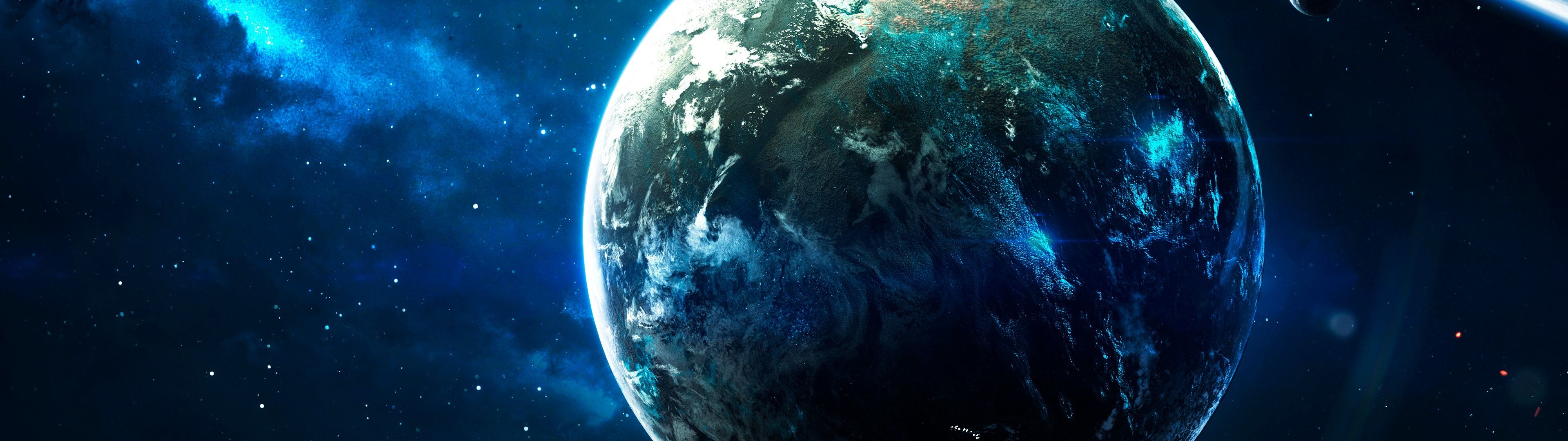 3840x1080 Earth Wallpaper 4K, Cosmos, Stars, Blue, Planets