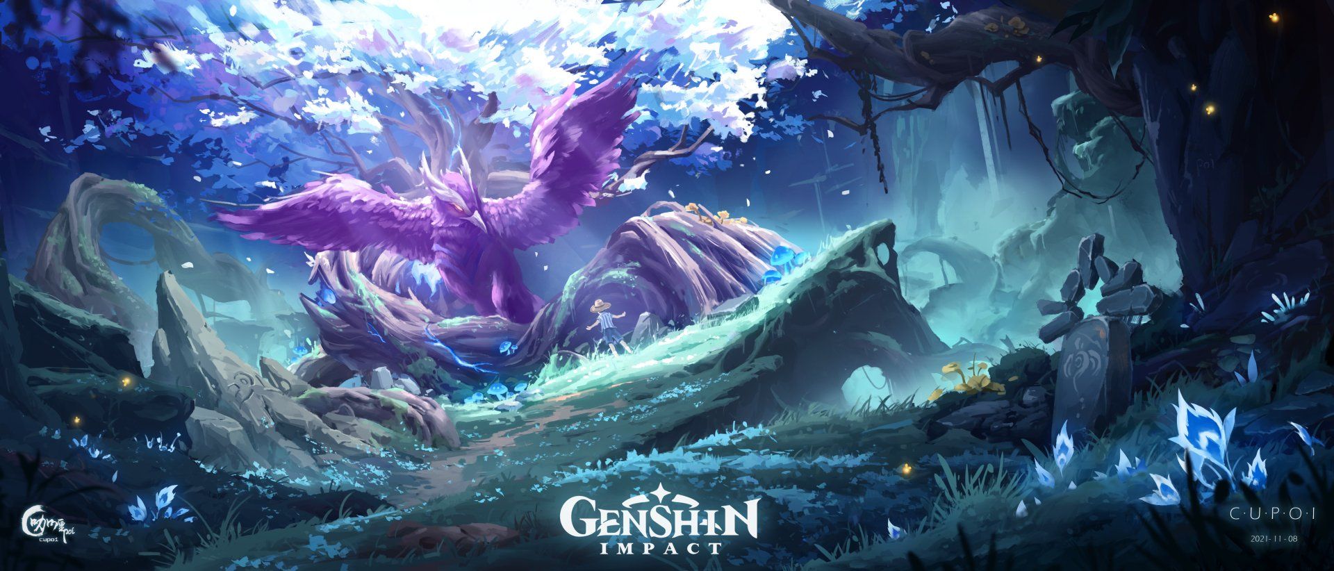 1920x822 Genshin Impact HD Wallpaper: Enchanted Forest Scenery in Stunning Detail by Cupoi/吃咖喱的poix2049