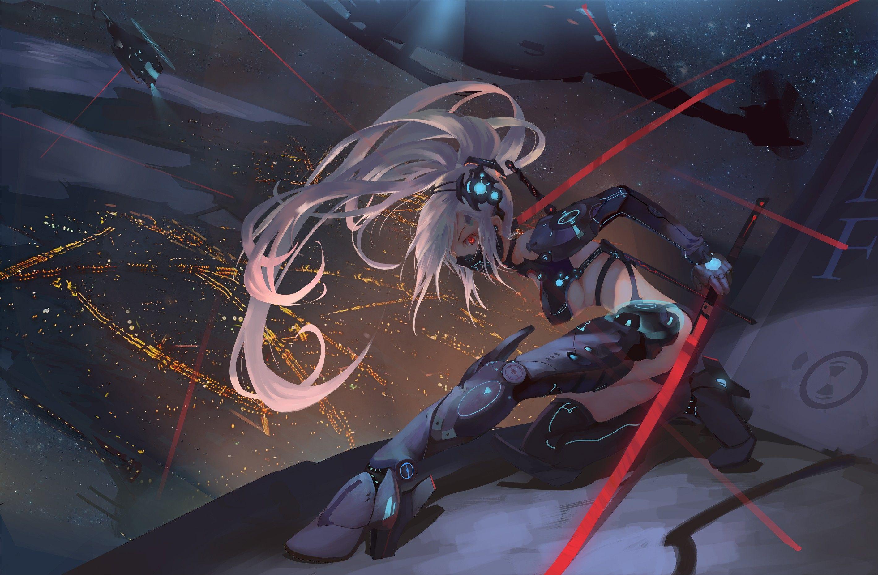 2839x1860 Ninja Sword Wallpaper.Cyberpunk Original Characters White Hair Sword