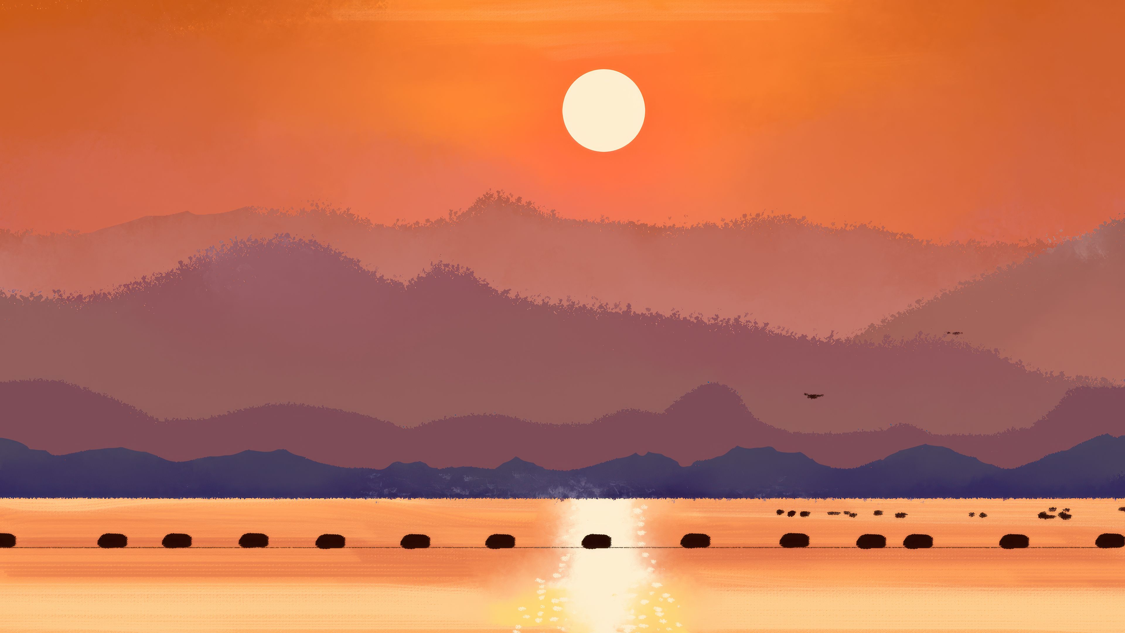 3840x2160 Warm Orange Sunset Over Misty Layered Mountains And Water Wallpaper, HD Artist Wallpaper, 4k Wallpaper, Image, Background, Photos and Picture
