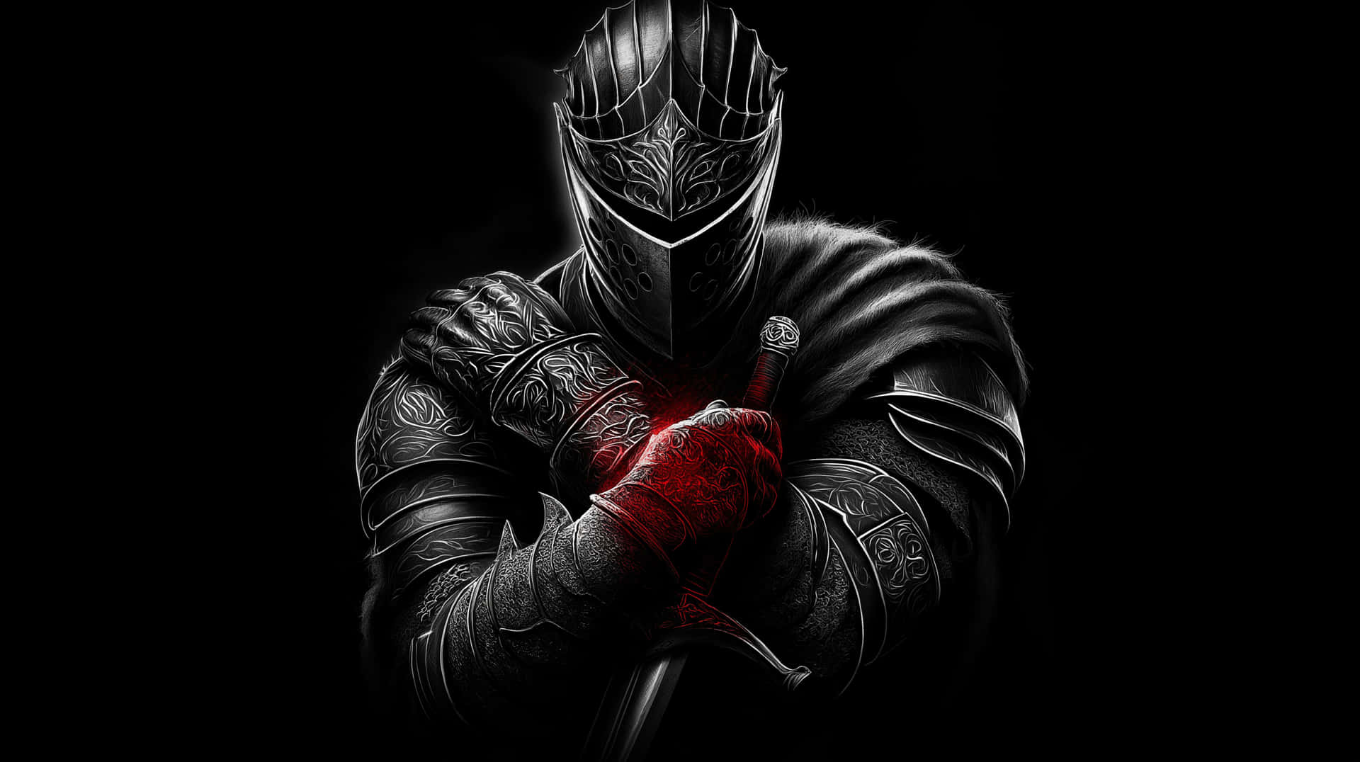 1920x1076 Download Dark Knight Portrait: Armored Warrior With Sword Grip Wallpaper